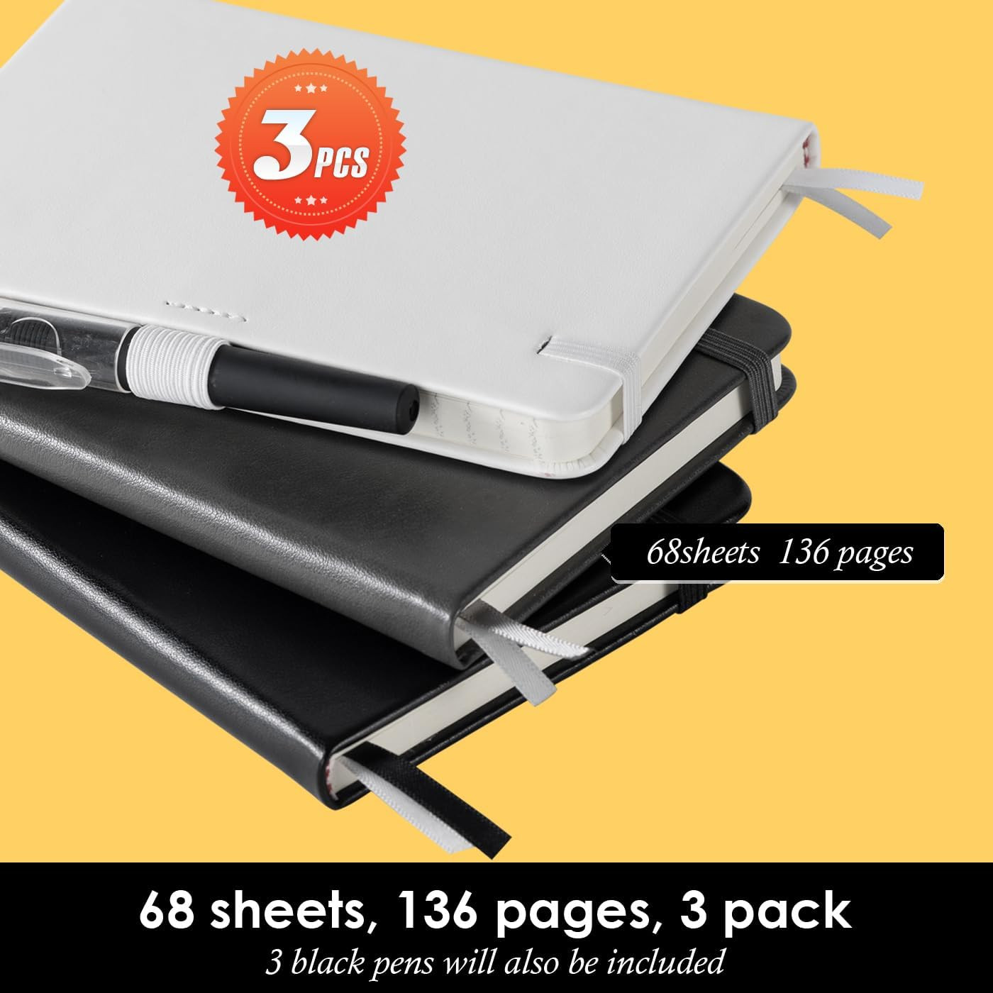 Small Notebook Pocket Size Journal 3.7″ x 5.7″, 3 Pack, (White, Grey, Black), 40