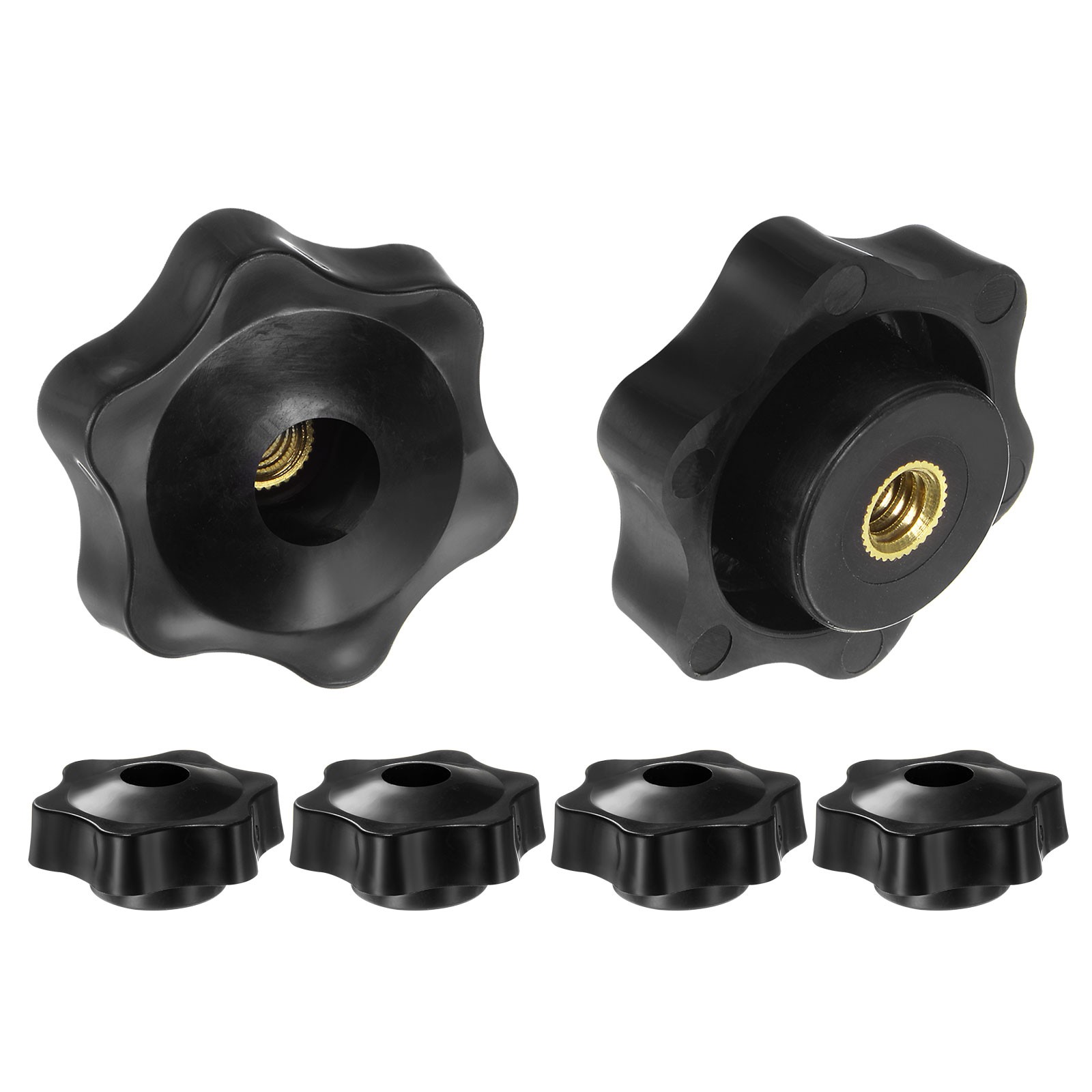 6pcs Star Knobs 1/4-20 Thread 38mm Head Through Hole Brass Insert Knob Black