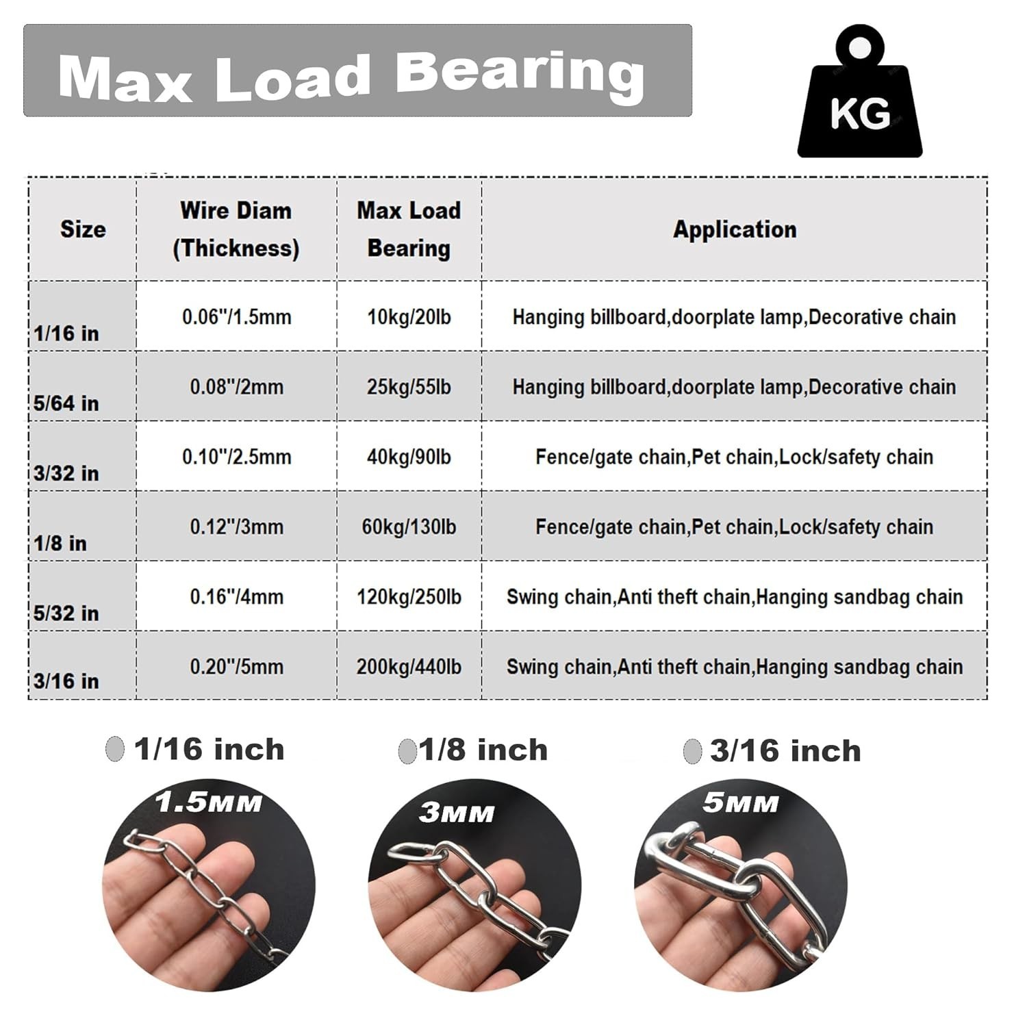 1/8 inch3mm Wire Diameter Stainless Steel Safety Small Chains 20 inch Long Li…