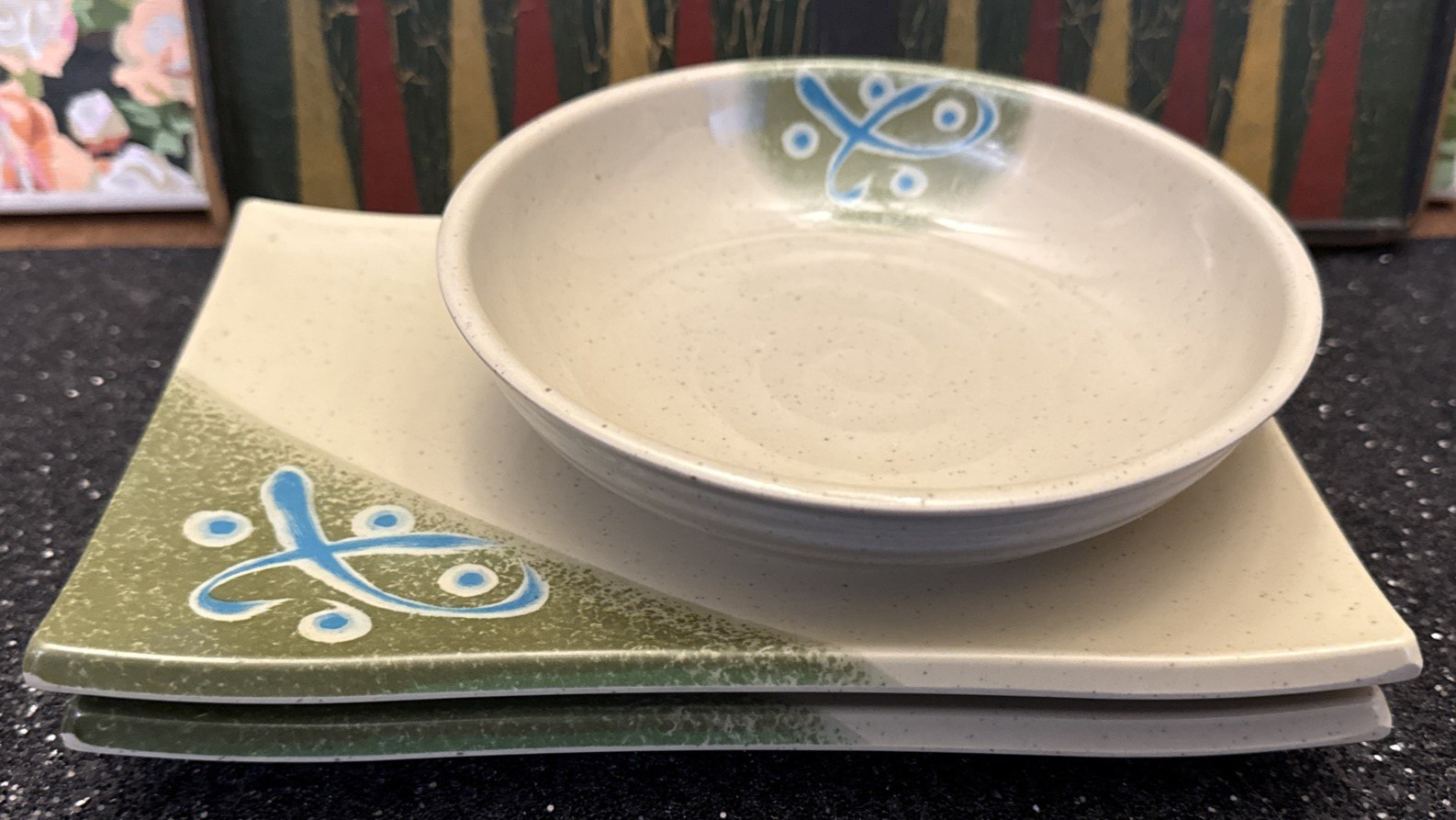 Melamine Traditional Asian Blue Green Graphics Speckled Bowl Trays 3 Pc Set Vtg
