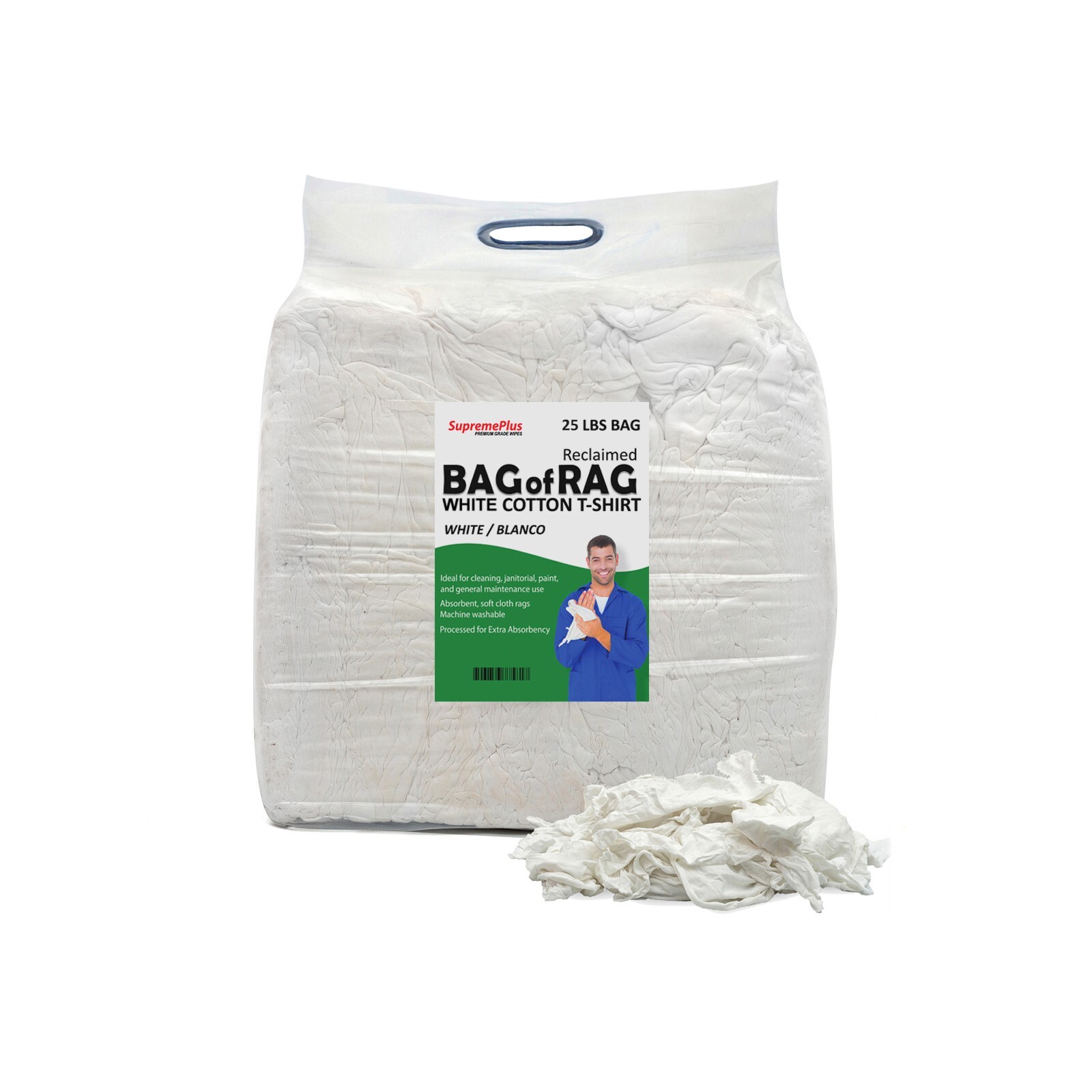 White Recycled T-Shirt Rags – 100% Cotton Cleaning Rags – 8×25 lbs. Bags