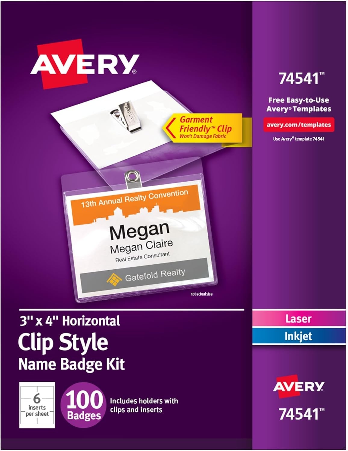 Avery 74541 Clip Name Badges – 100 Qty with White Inserts