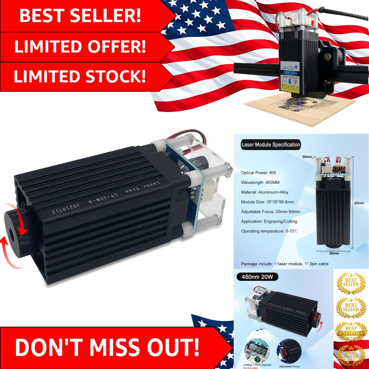 4000mW Laser Engraver Module – Adjustable Focal Laser for Wood & Leather Cutting