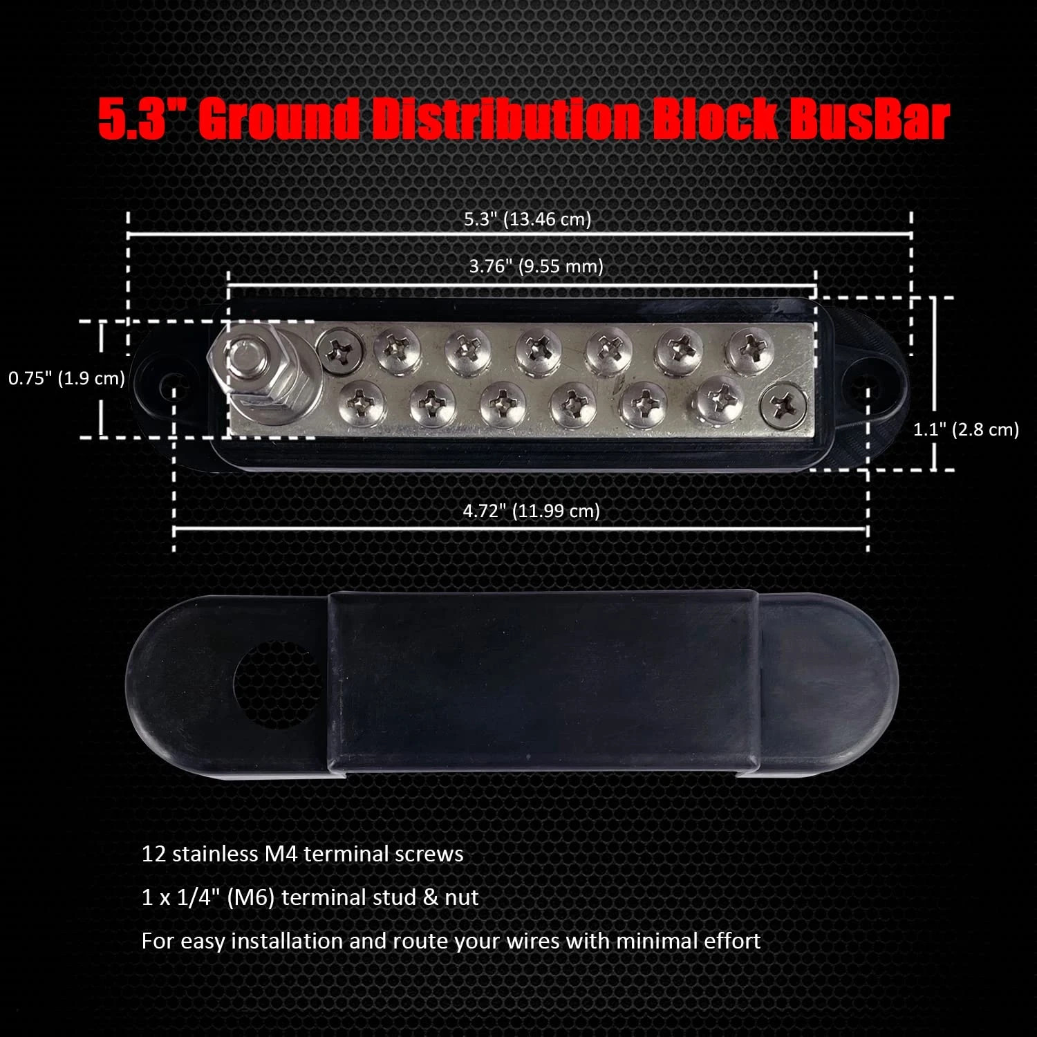 1/4″ Stud Power Distribution Block Bus Bar with 12 X #8 Screws, 5.3″ 12V 150A M