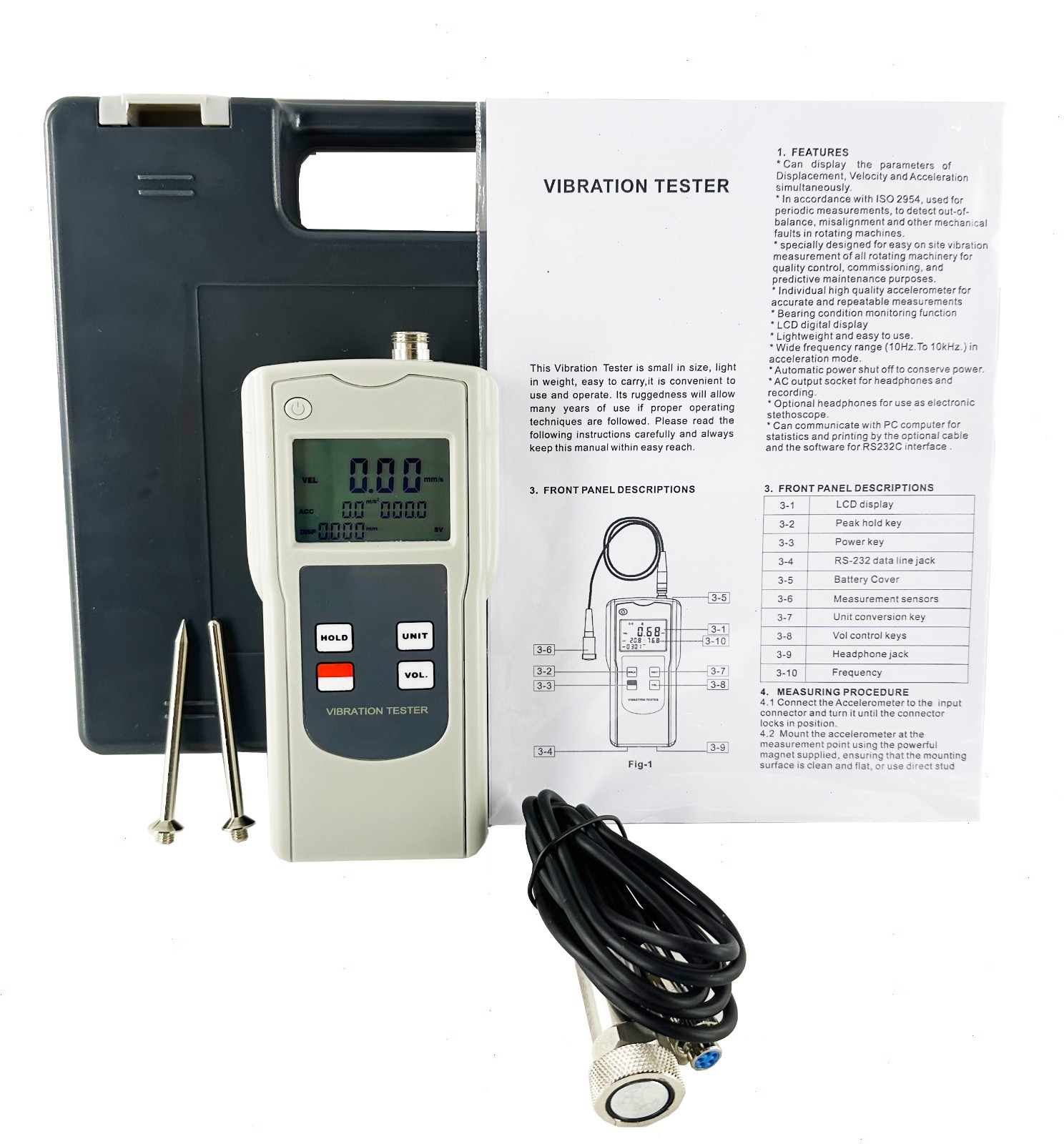 Handheld Vibration Analyzer with Velocity 0.1-400.0 mm/s Software and USB Cable