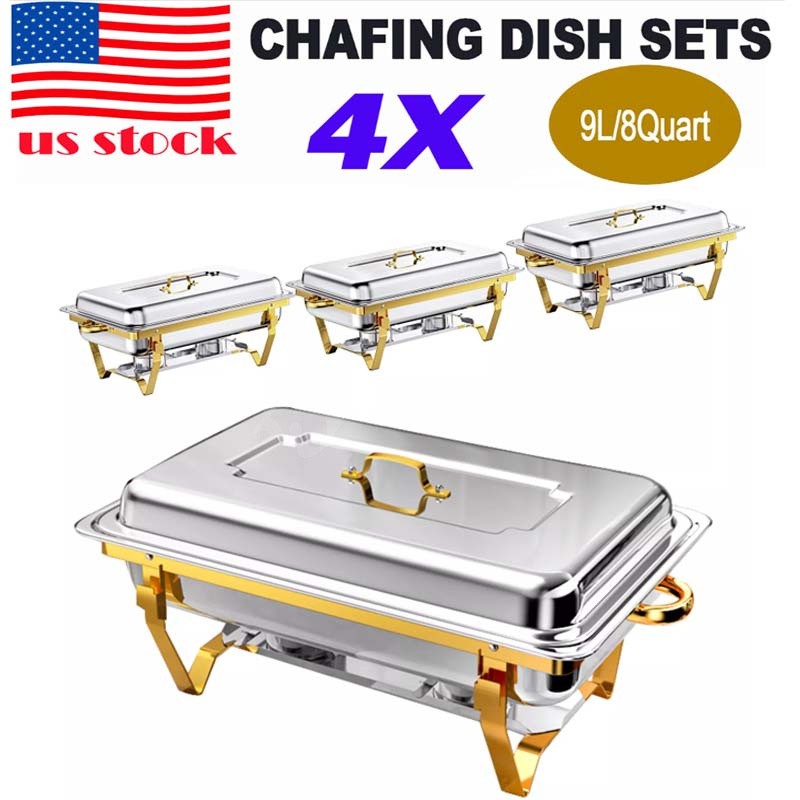 4 Pack Chafing Dish Buffet Set 9QT Stainless Steel Chafing Dishes Gold & Silver