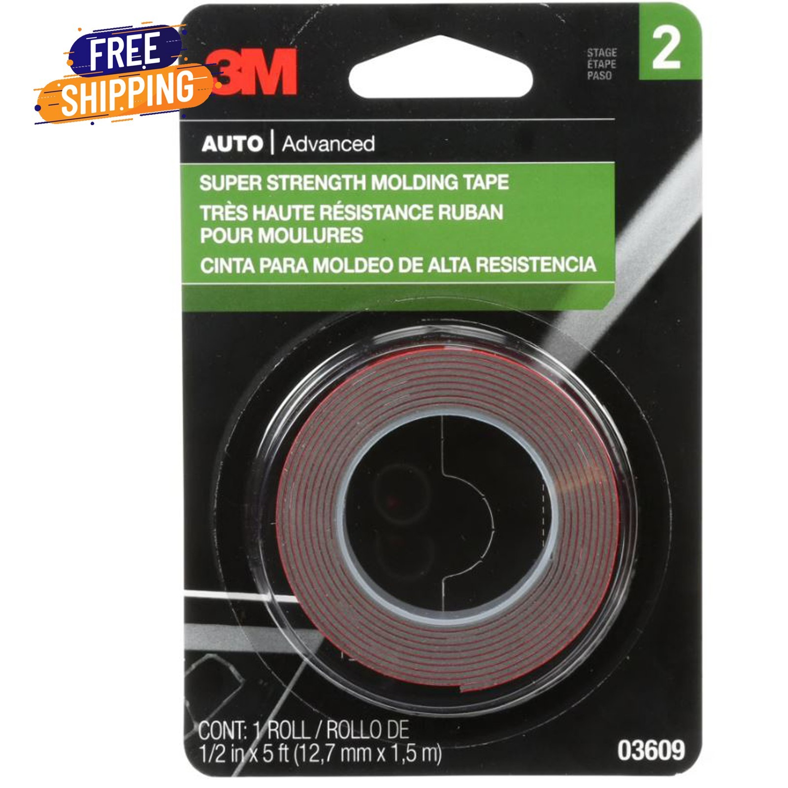 3M Automotive Super Strength Molding Tape, Double-Sided Adhesive, 1/2″ x 5 ft, 1