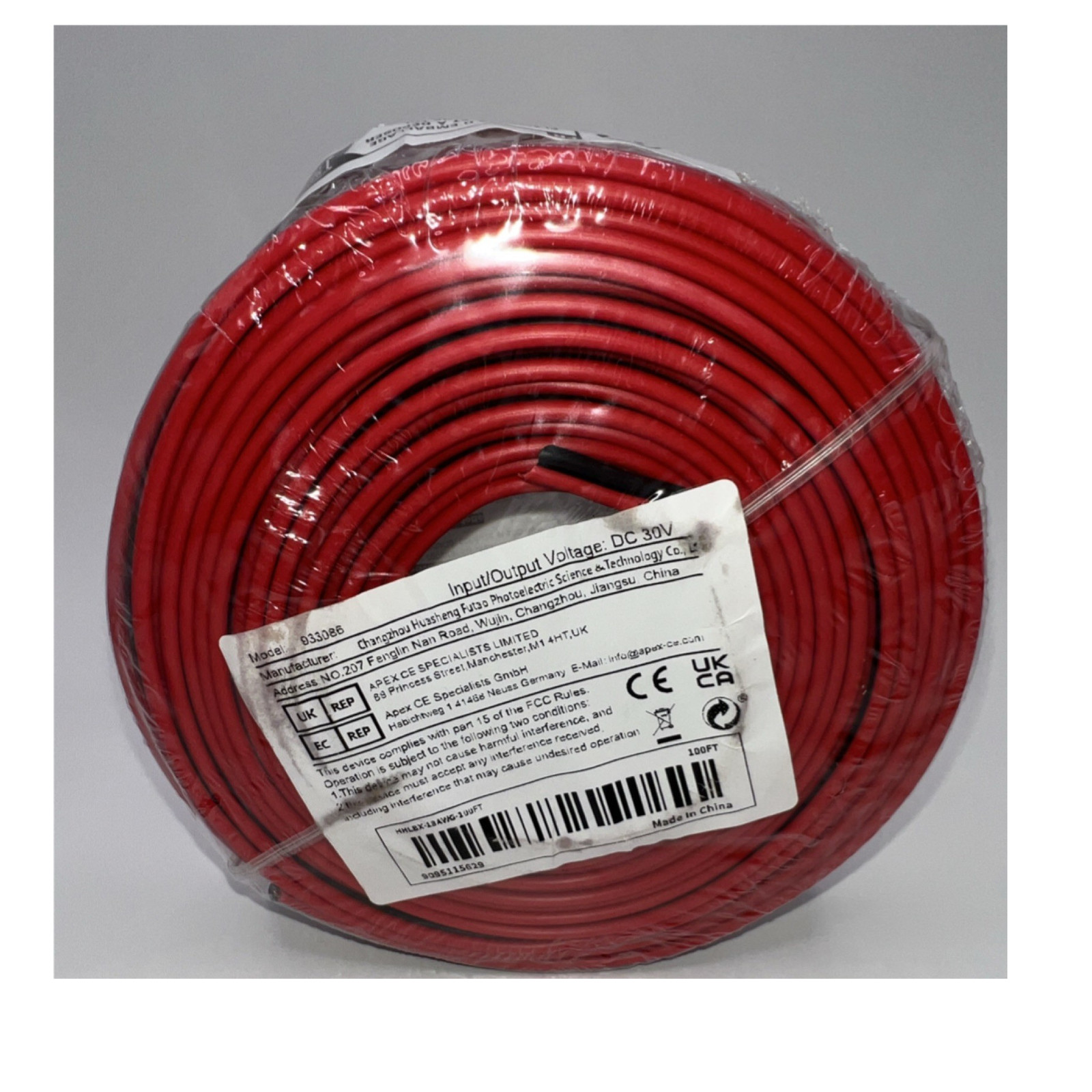 100 ft Red/Black 2-Conductor Stranded Copper PVC Solar Cable DC 30V, NEW