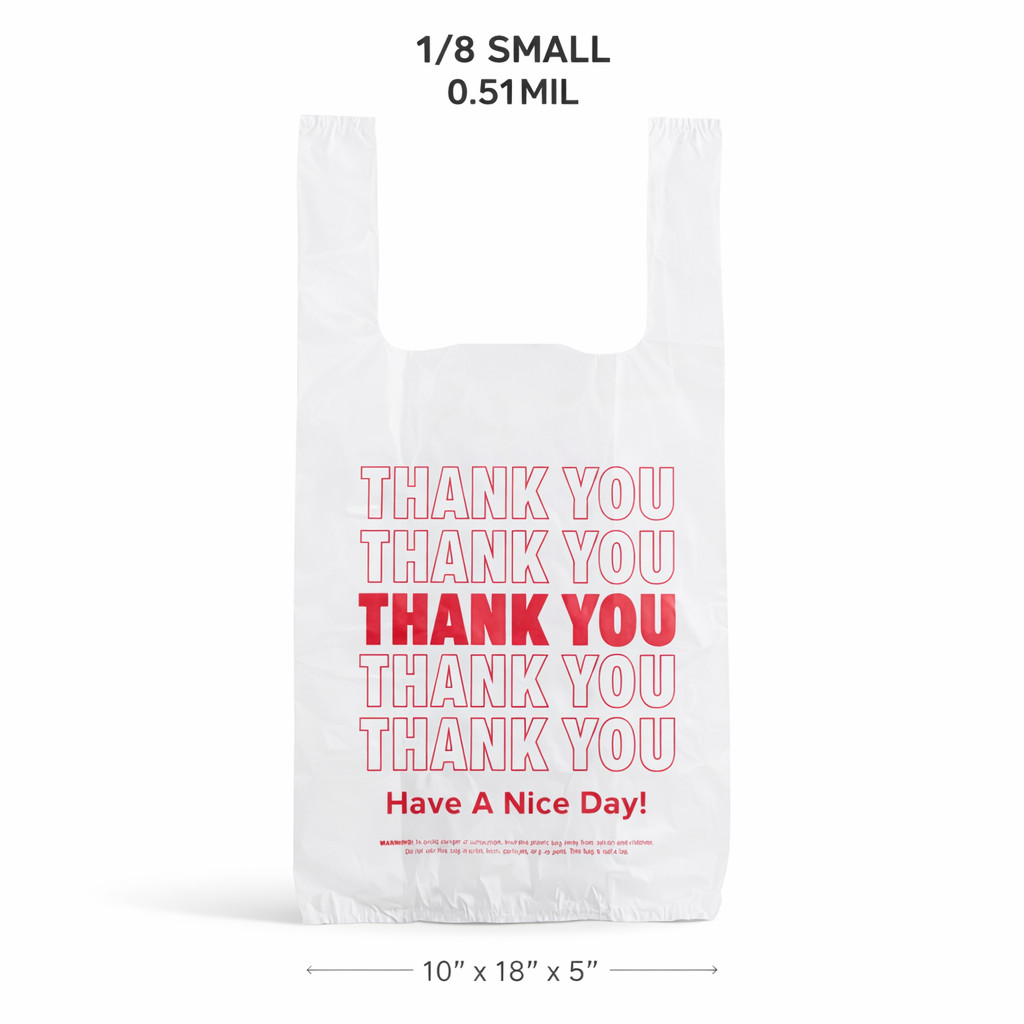 1/8 Small White Thank You T-Shirt Bags 0.51 Mil HDPE 10x18x5 Bulk