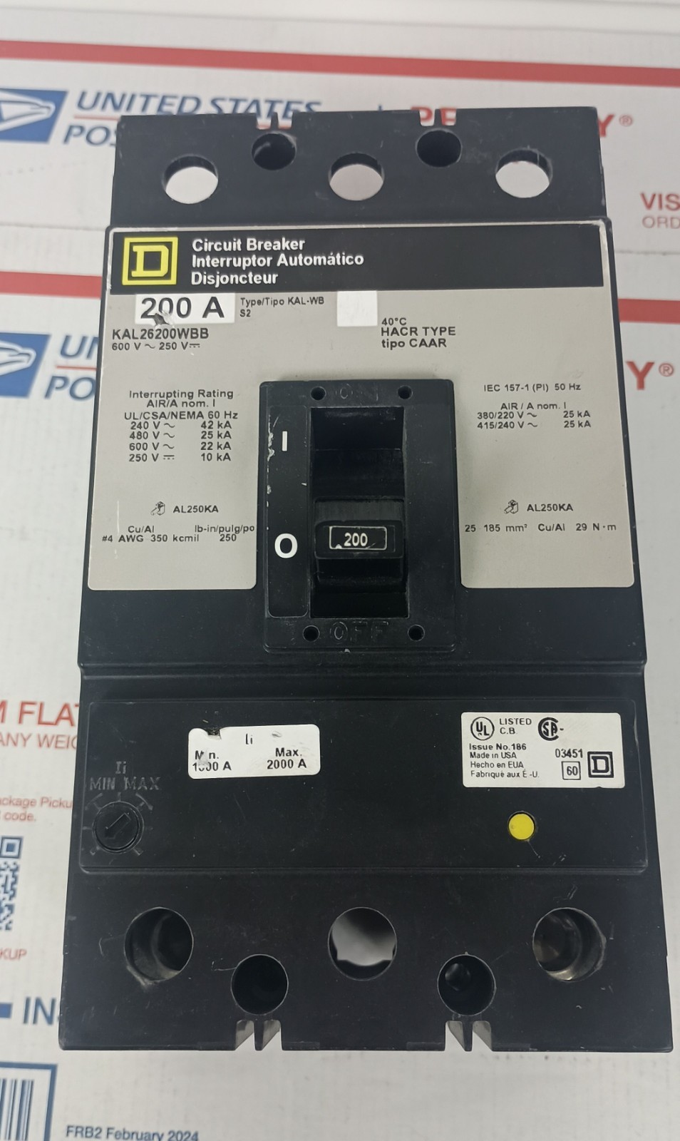 Square D KAL KAL26200 2 Pole 200 Amp 600v Gray Label I-Line Circuit Breaker «AK»