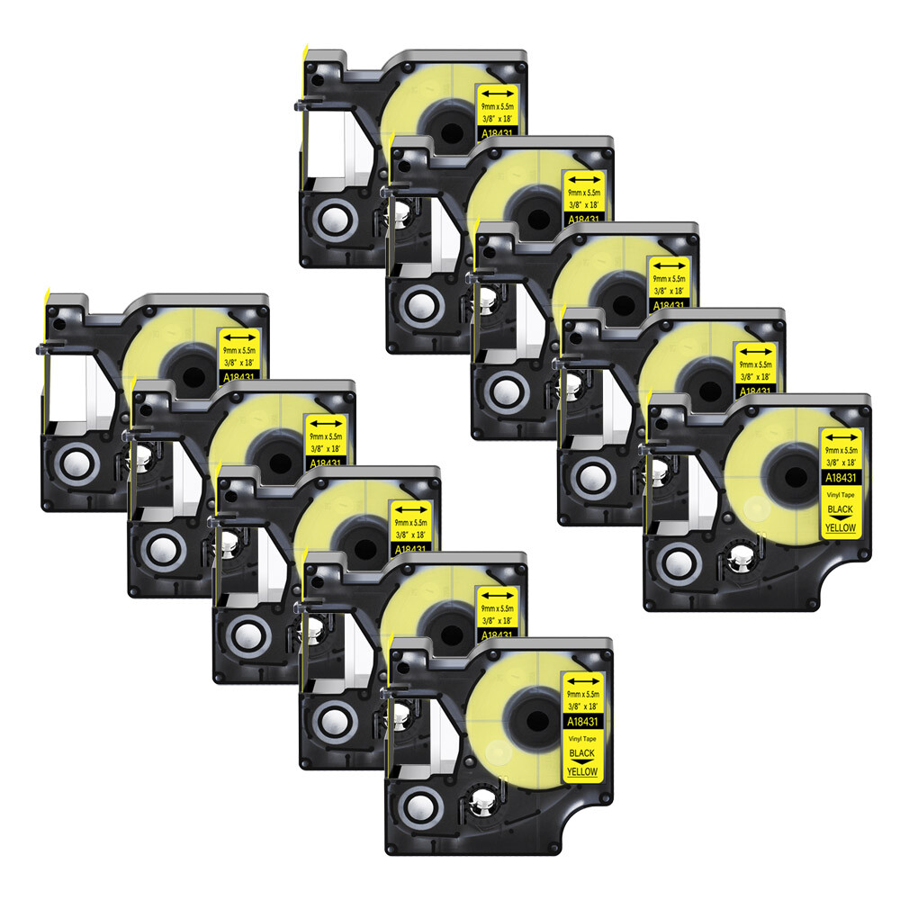 10PK Black on Yellow 18431 3/8″ IND Vinyl Label Tape for Dymo Rhino 5200 4200