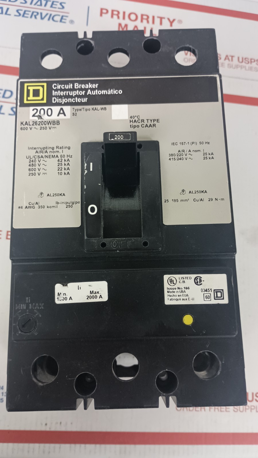 Square D KAL KAL26200 2 Pole 200 Amp 600v Gray Label I-Line Circuit Breaker «AK»