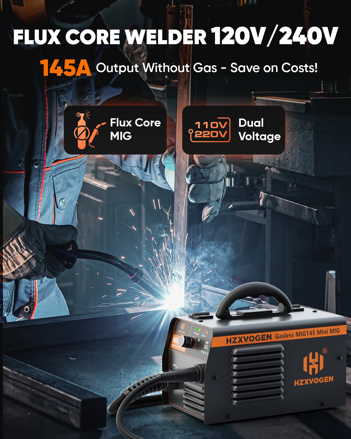 145A 110V 220V Gasless MIG Welder Dual Volt Flux Cored Wire IGBT Welding Machine