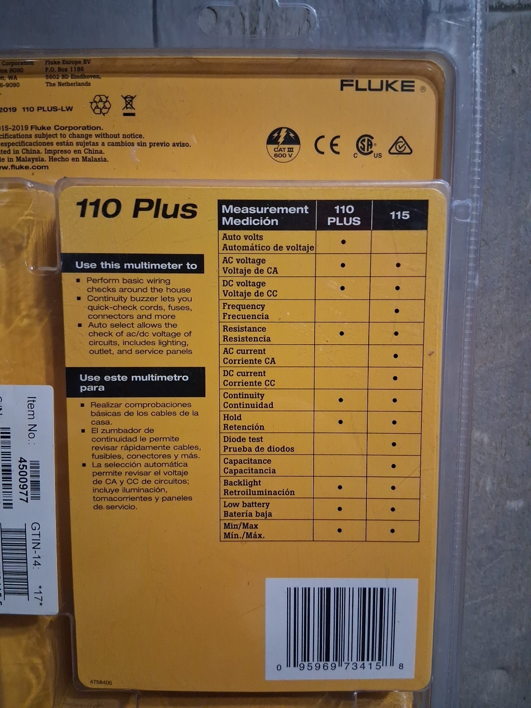 Fluke Essential Multimeter 110 Plus 772343 New in Package