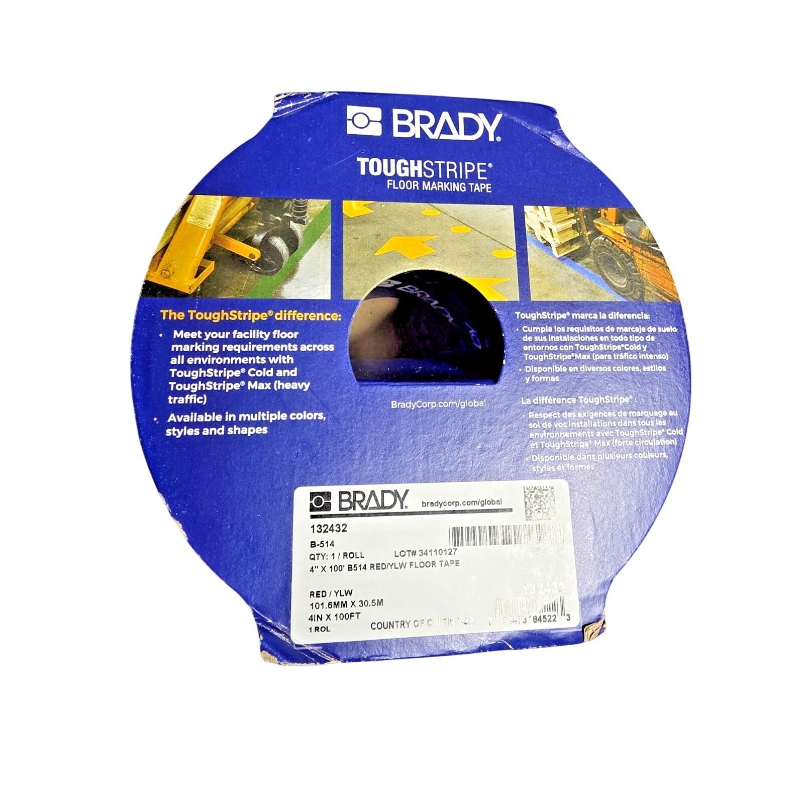 Brady 132432 ToughStripe Floor Marking Tape Red Yellow Non-Abrasive 4″ X 100′
