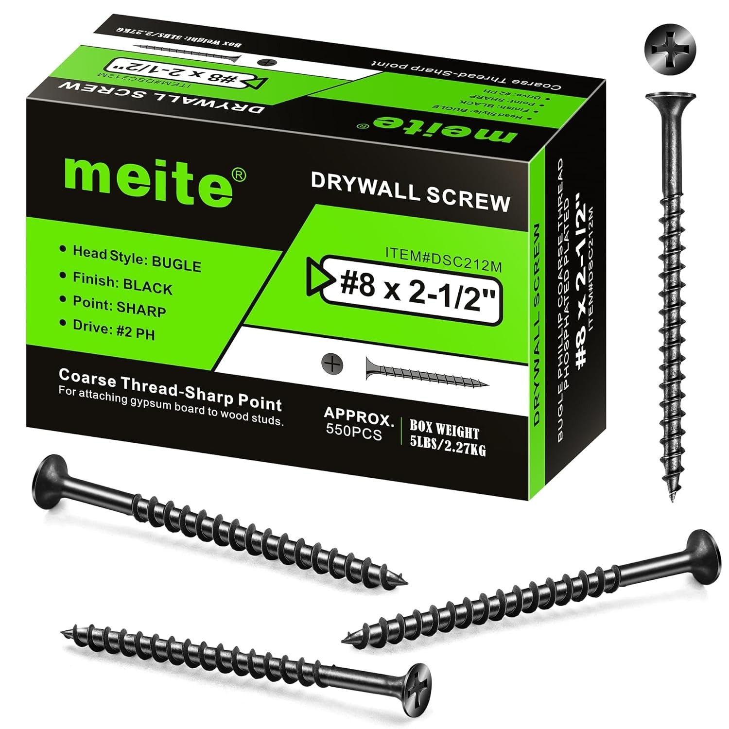 meite Drywall Screws #8 x 2-1/2″ Coarse Thread Phosphate Finish Phillips Drive