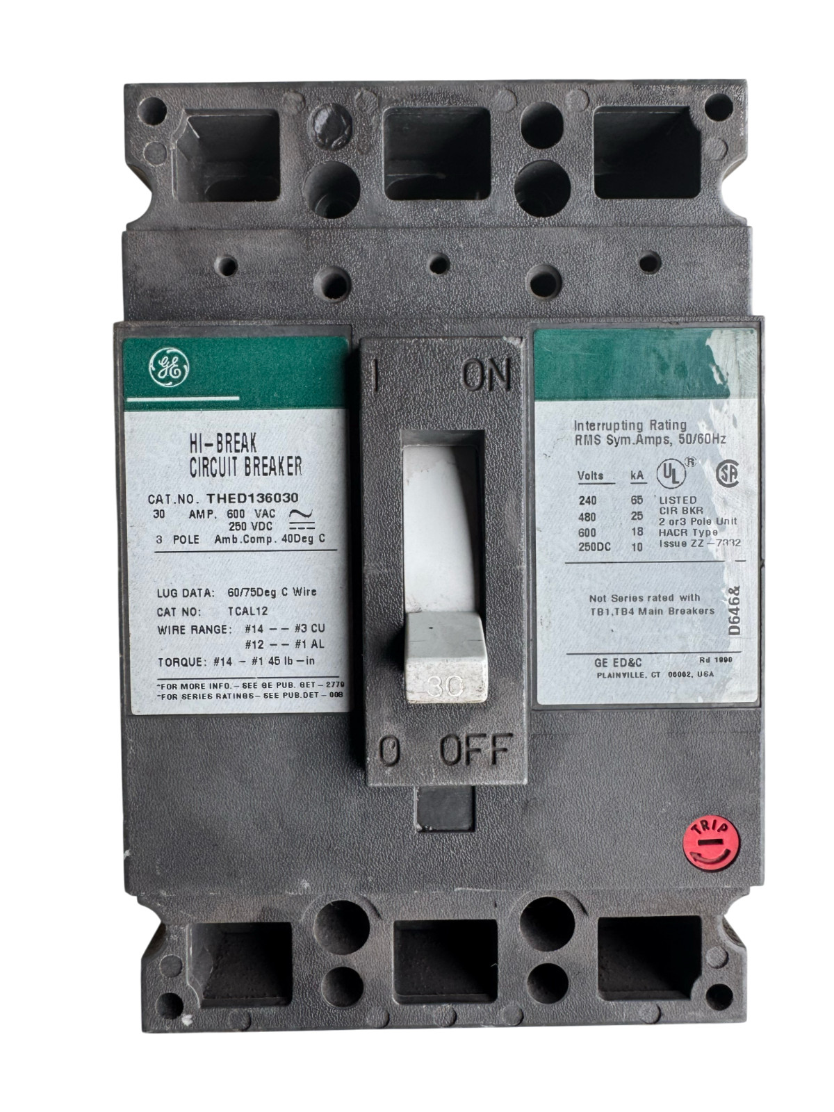 GE THED136030 Molded Case Circuit Breaker 30A 3 Pole 600V E150 Type Hi-Break
