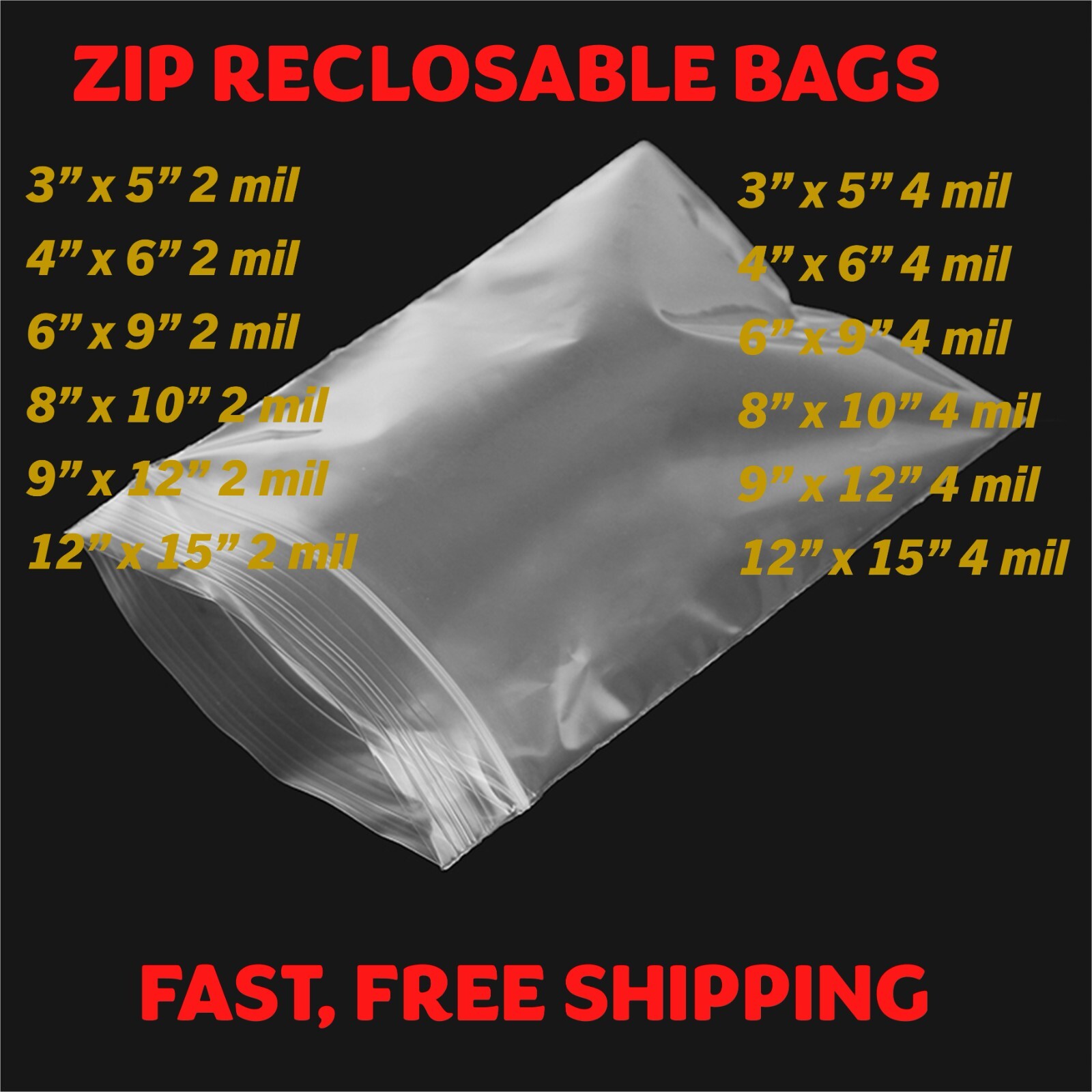 100 Plastic Bags Zip Seal 2-4Mil Thick Reclosable Top Lock Zipper Small Large
