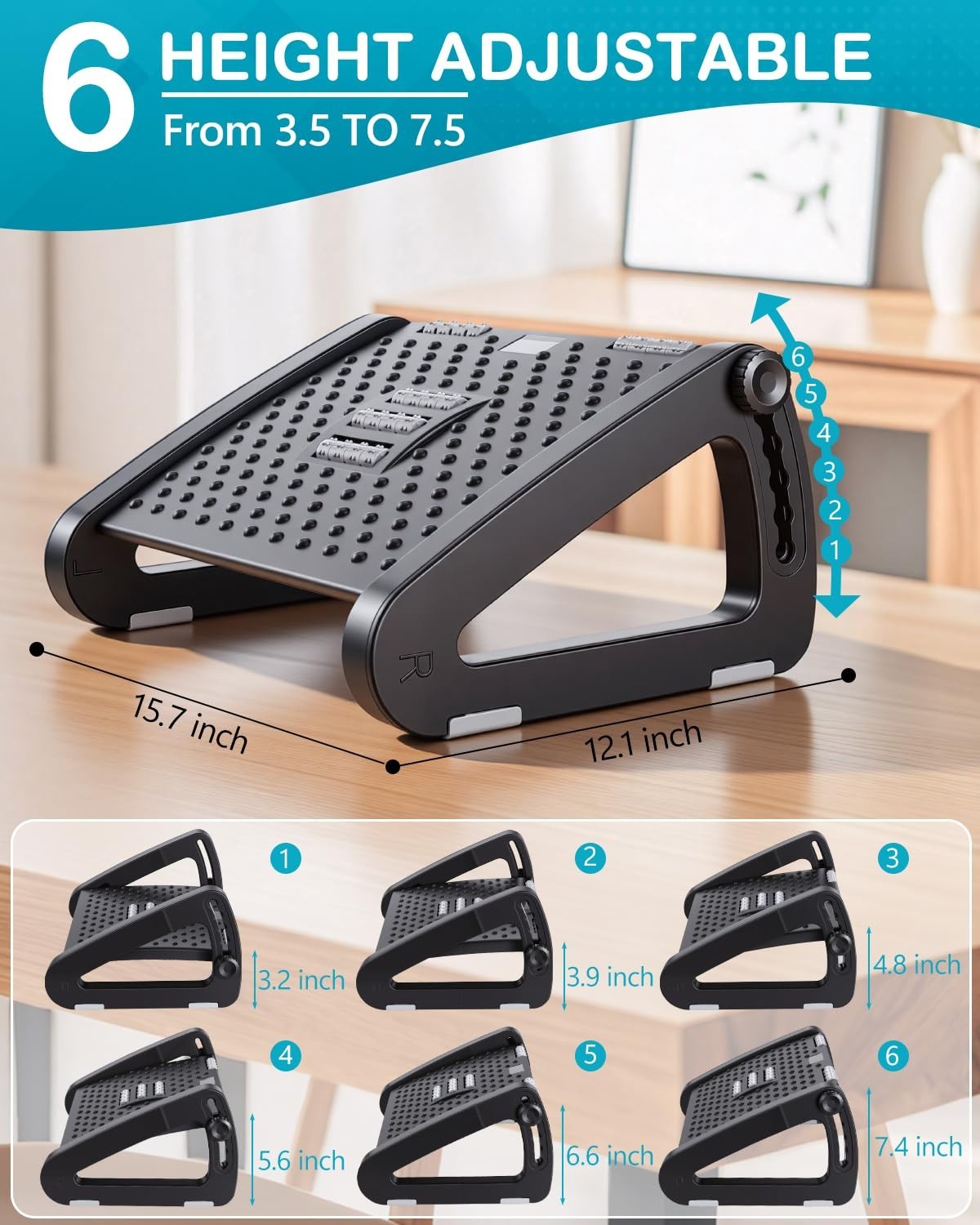 Ergonomic Under Desk Foot Rest – Adjustable Foot Stool with Roller Massager for