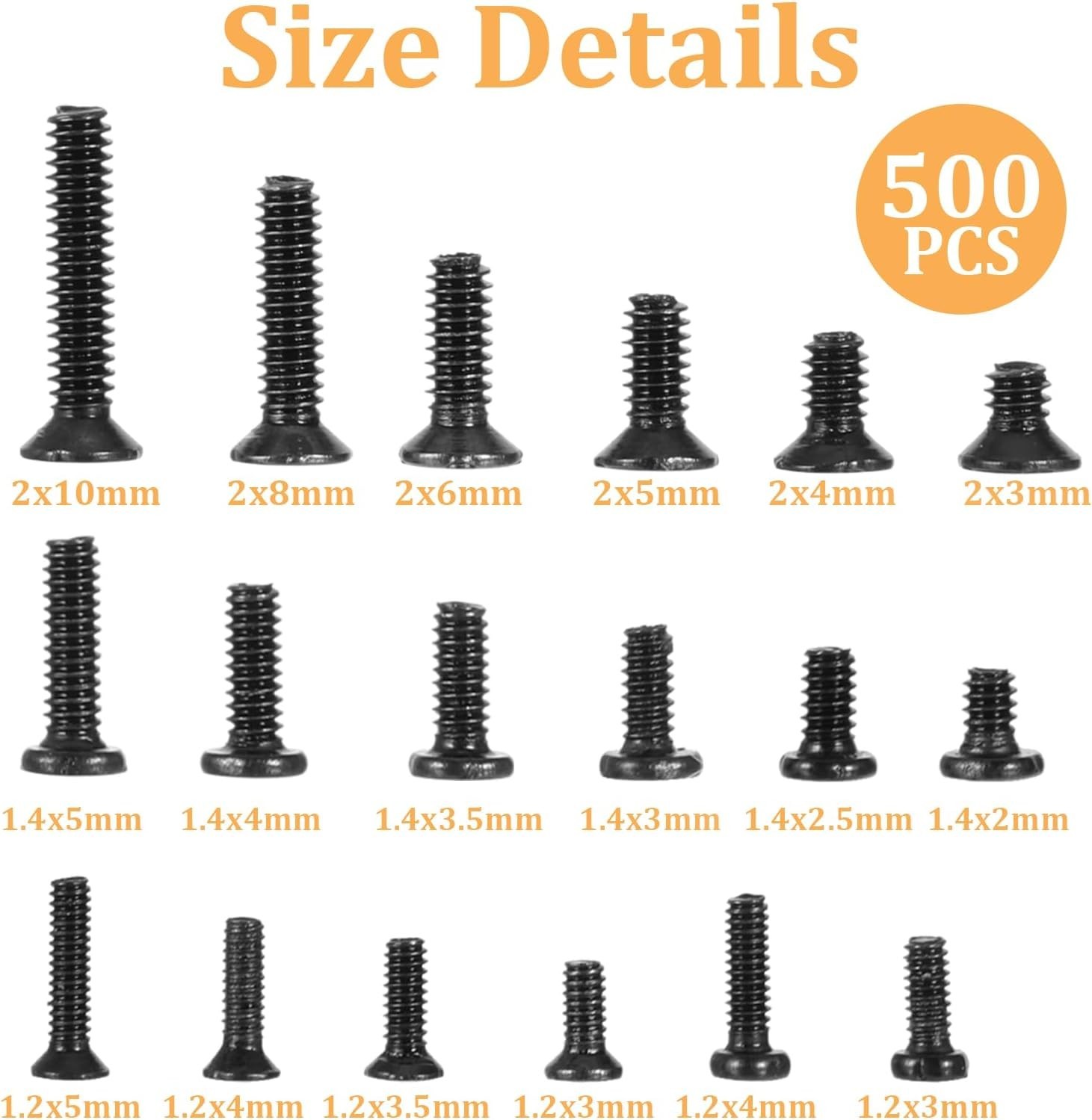 Small Screws Assortment Kit M1.2 / M1.4 / M2.0 Tiny Micro Screws Set Black 500pc