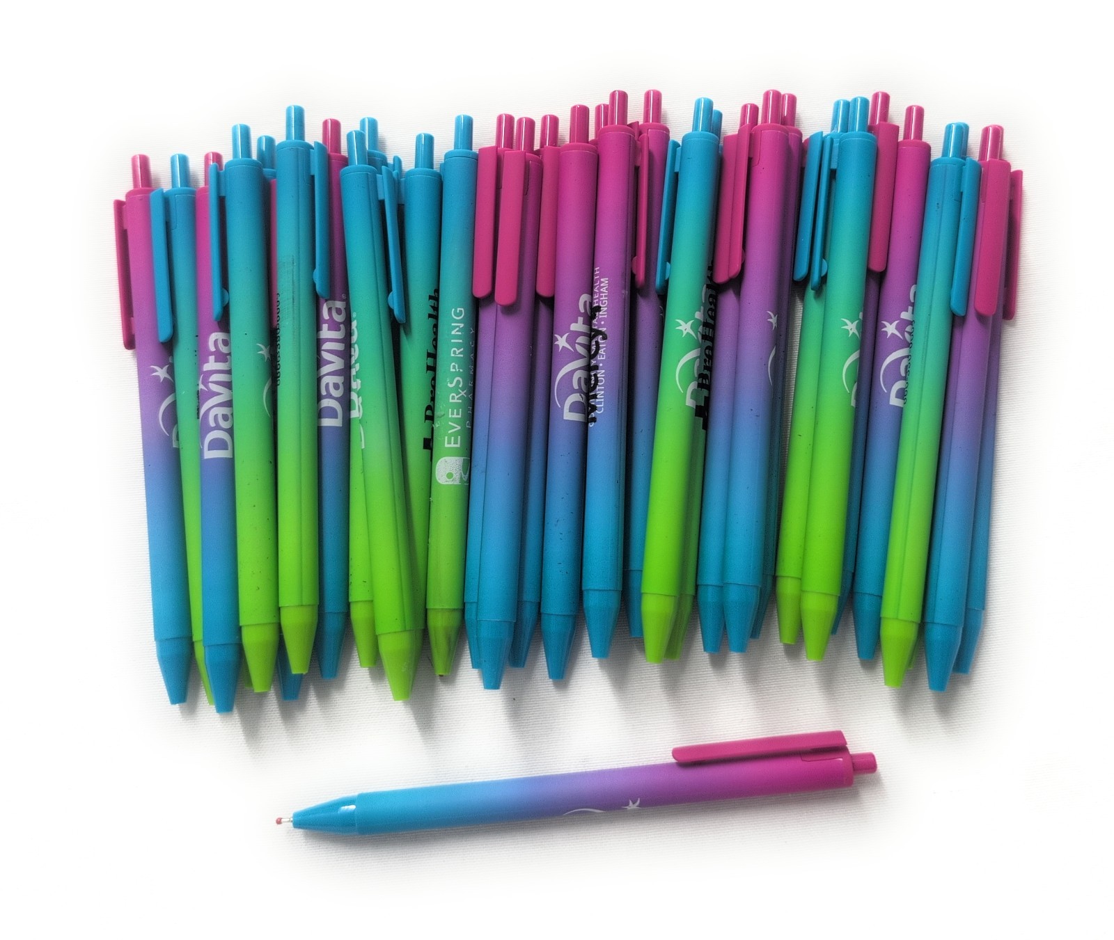 50 Misprint SoftTouch Click Pens LEMONADE Hub Pen Lot MULTICOLOR Pink/Blue/Green