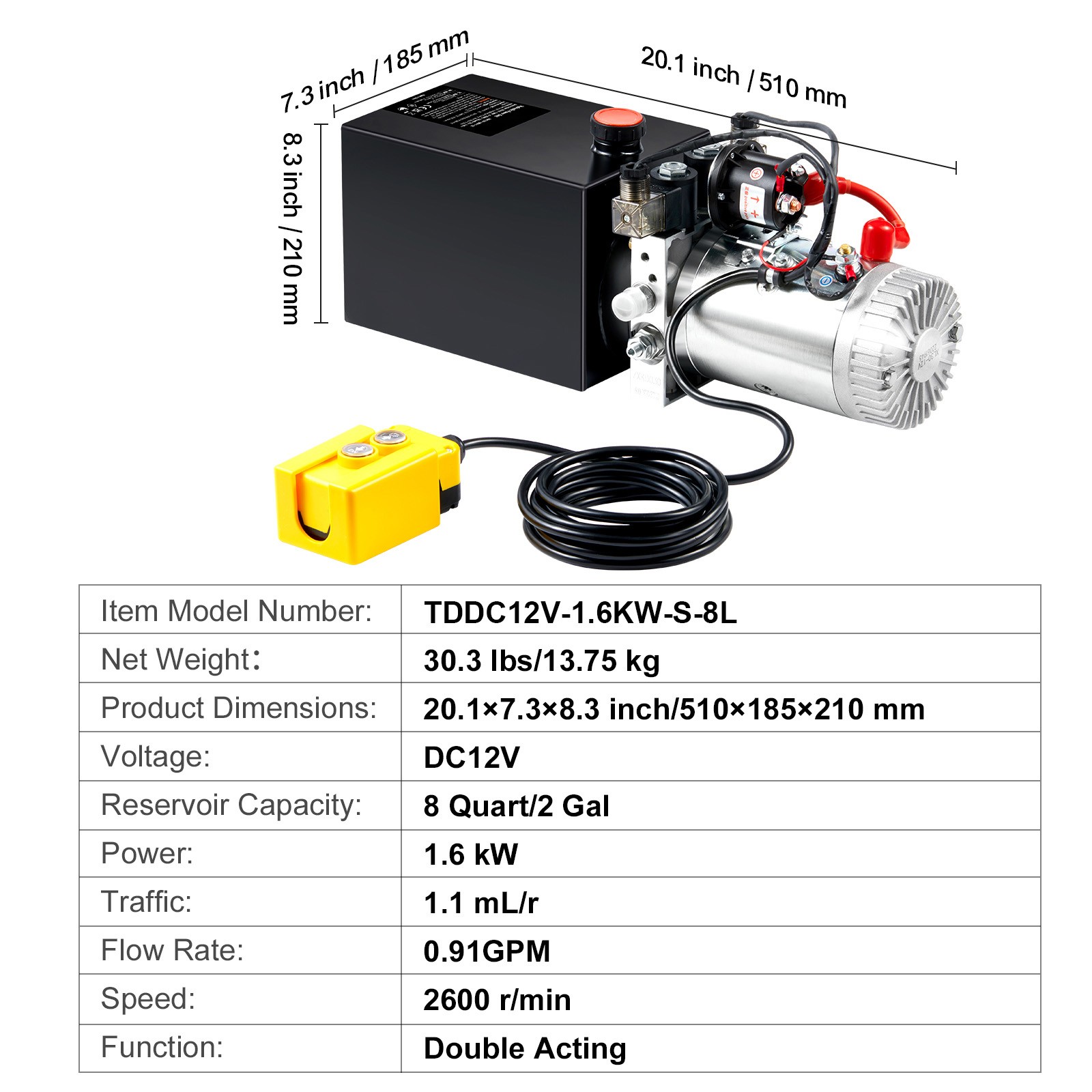 VEVOR 8 Quart Double Acting Hydraulic Pump 12V Dump Trailer Power Unit 2.1HP