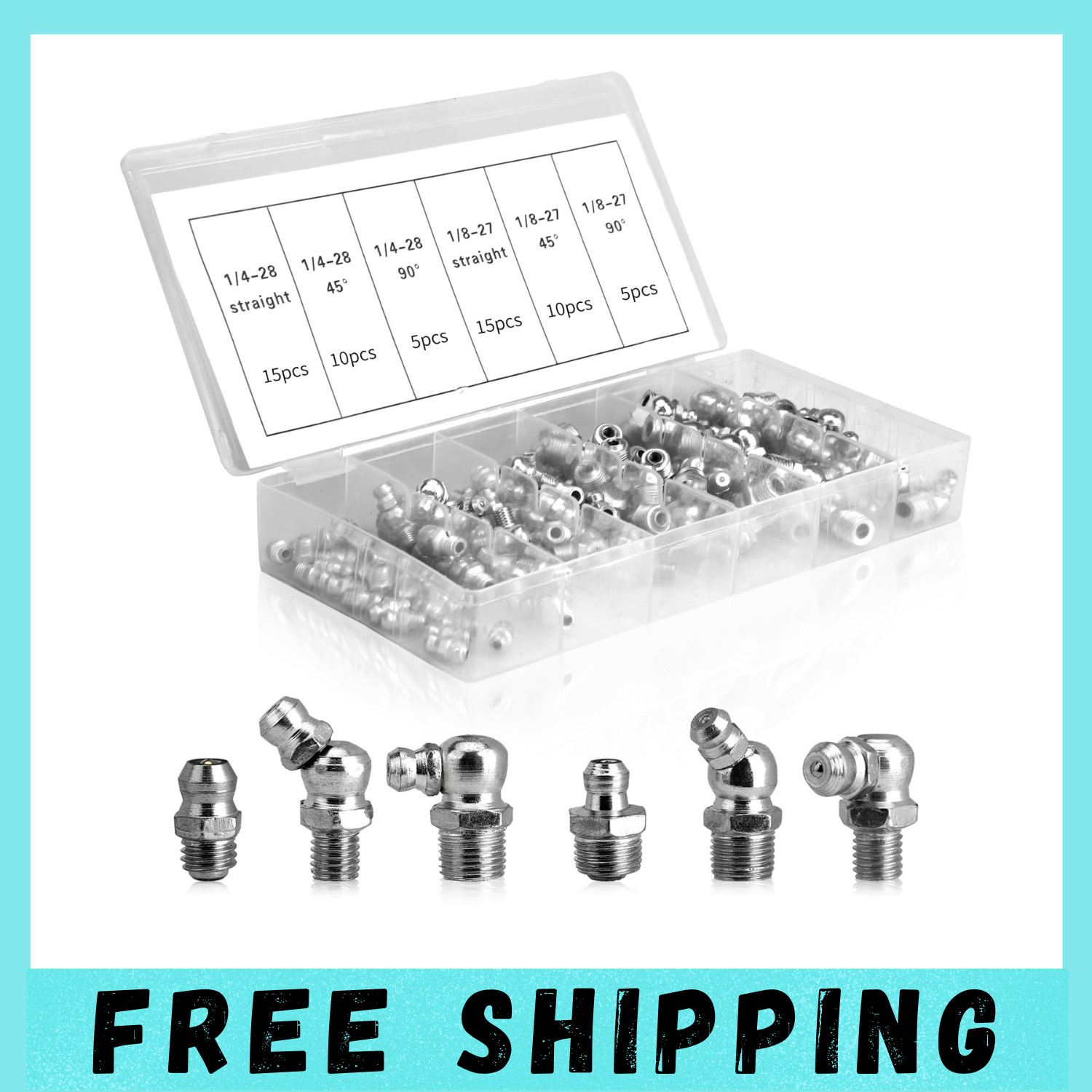 OYMLANX 110Pcs Hydraulic Grease Fittings Assortment Kit SAE Zerk Fittings 1/4