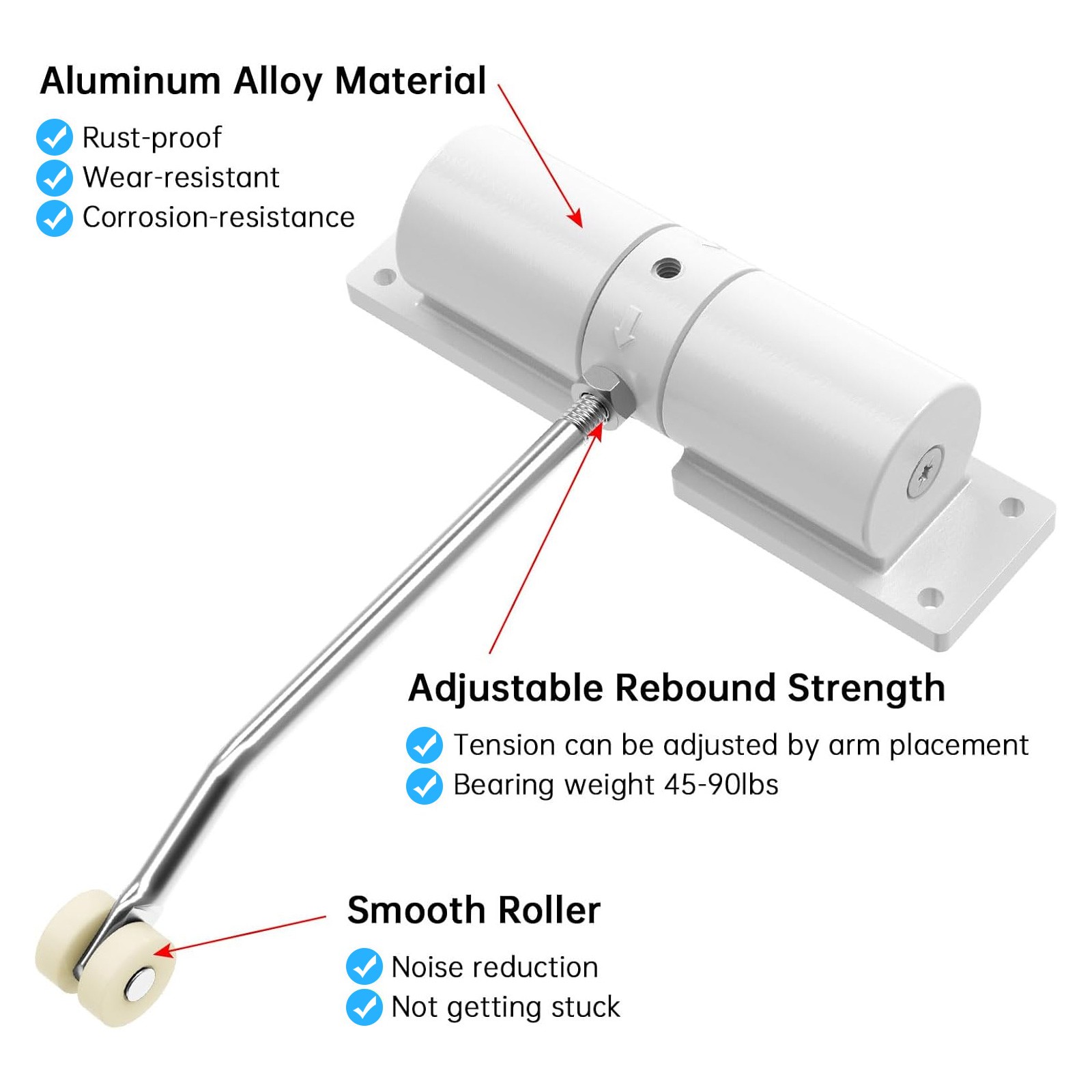 Automatic Silent Door Closer Adjustable Aluminum Safety Spring Strong 45-90lbs