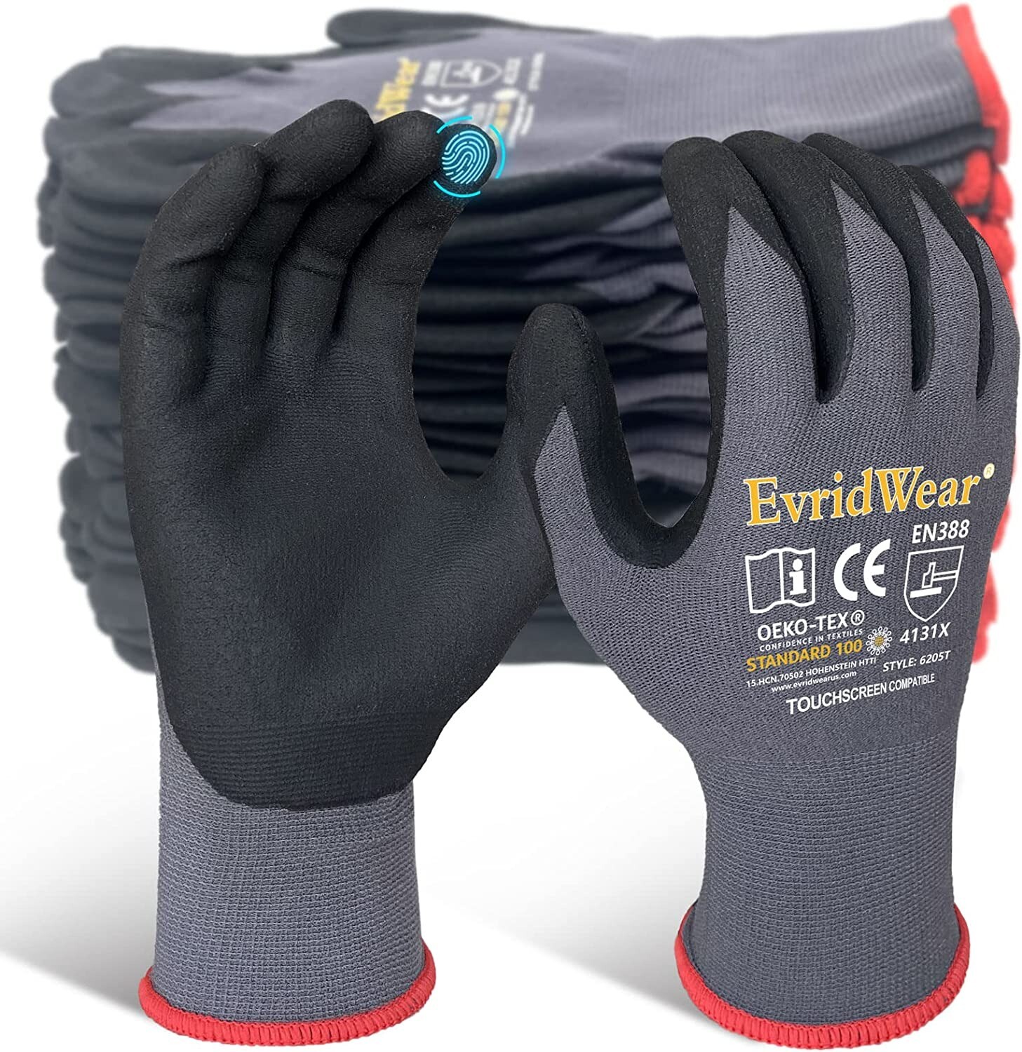 EvridWear Safety Work Gloves, Touchscreen Micro-Foam Nitrile Coated Unisex Glove