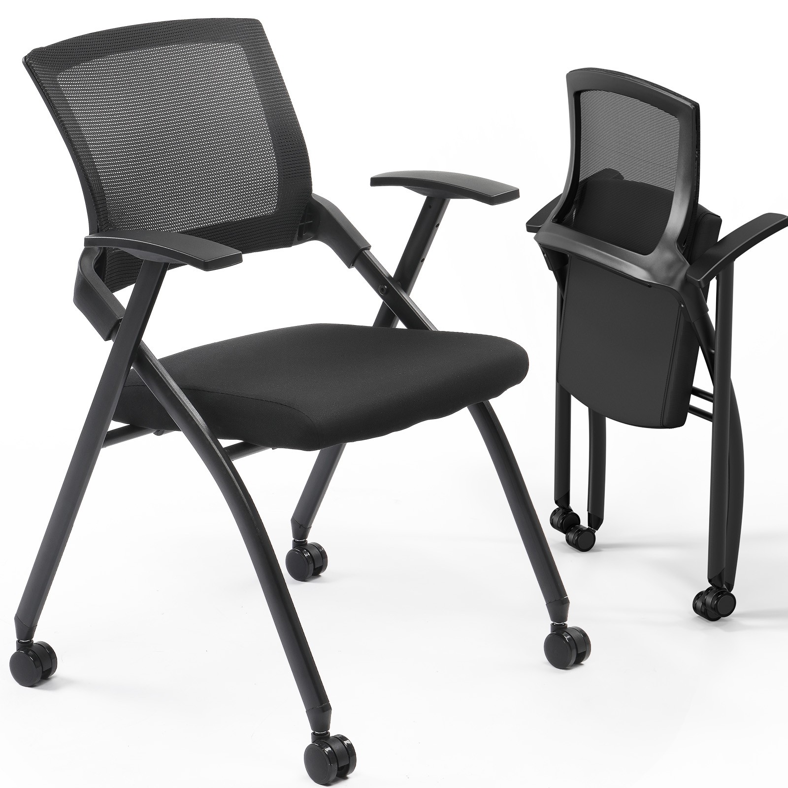 2 Pack Foldable Office Chair with Wheels & Armrest Stackable Conference Room US