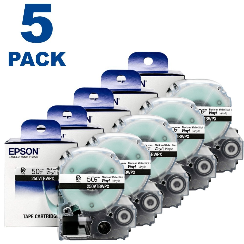 Epson LABELWORKS 250VTBWPX Black on White 2″ (50mm) Vinyl Label Tape **5-PACK**