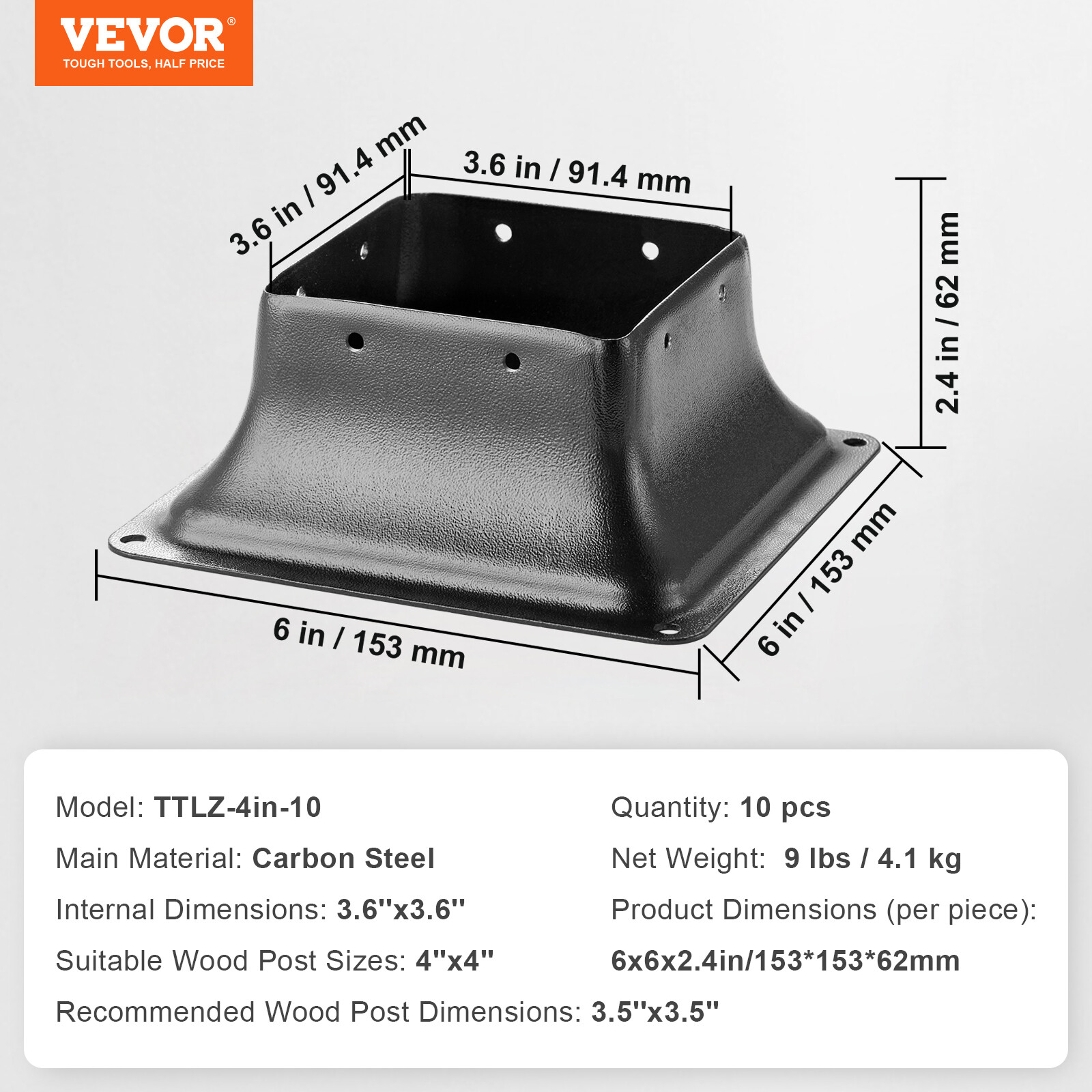 VEVOR 10Pcs 4×4 Post Base Brackets Heavy Duty for Standard Wood Post Anchor