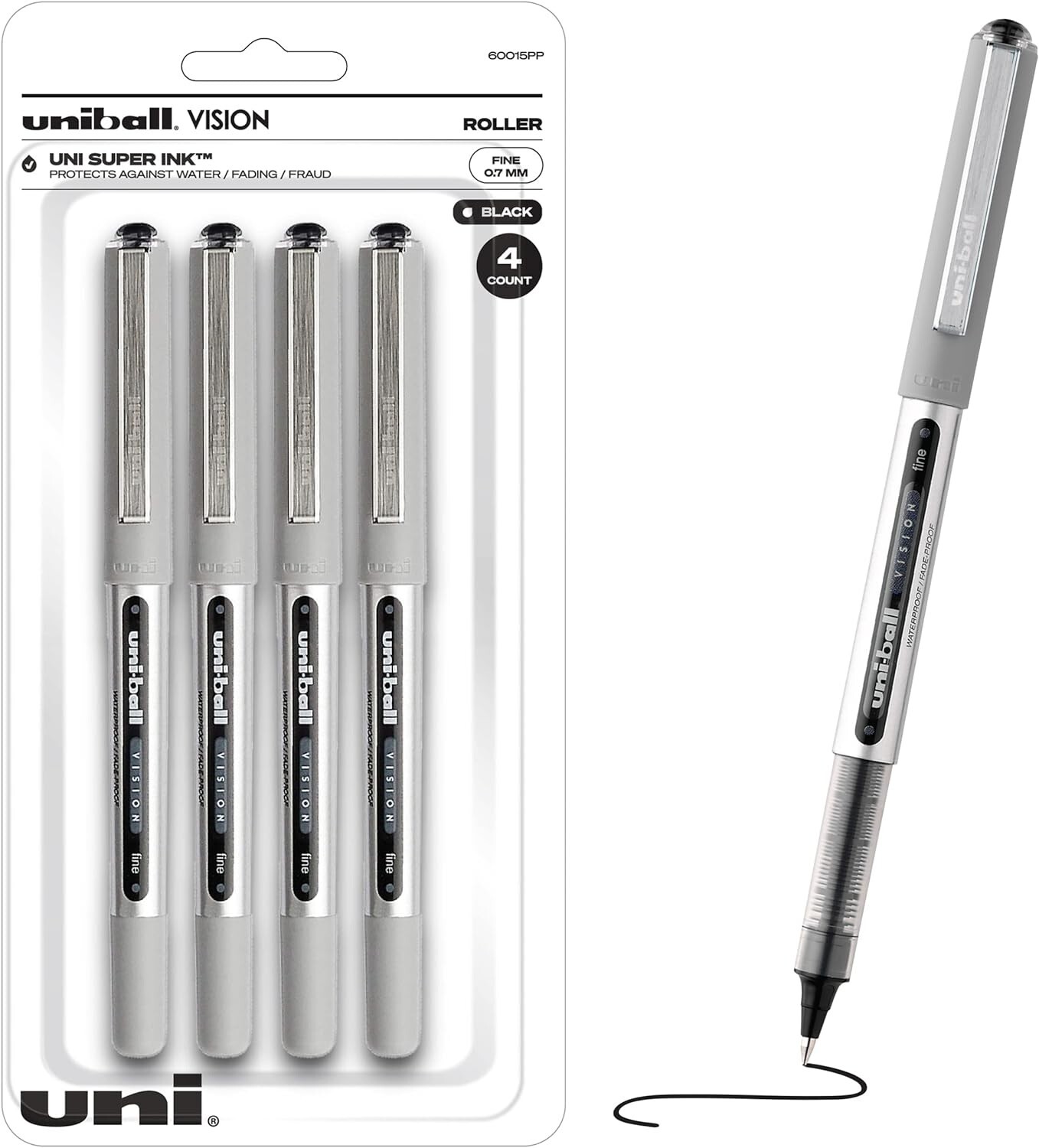 Uniball Vision Rollerball Pens with 0.7mm Fine Point, Black, 4 Count