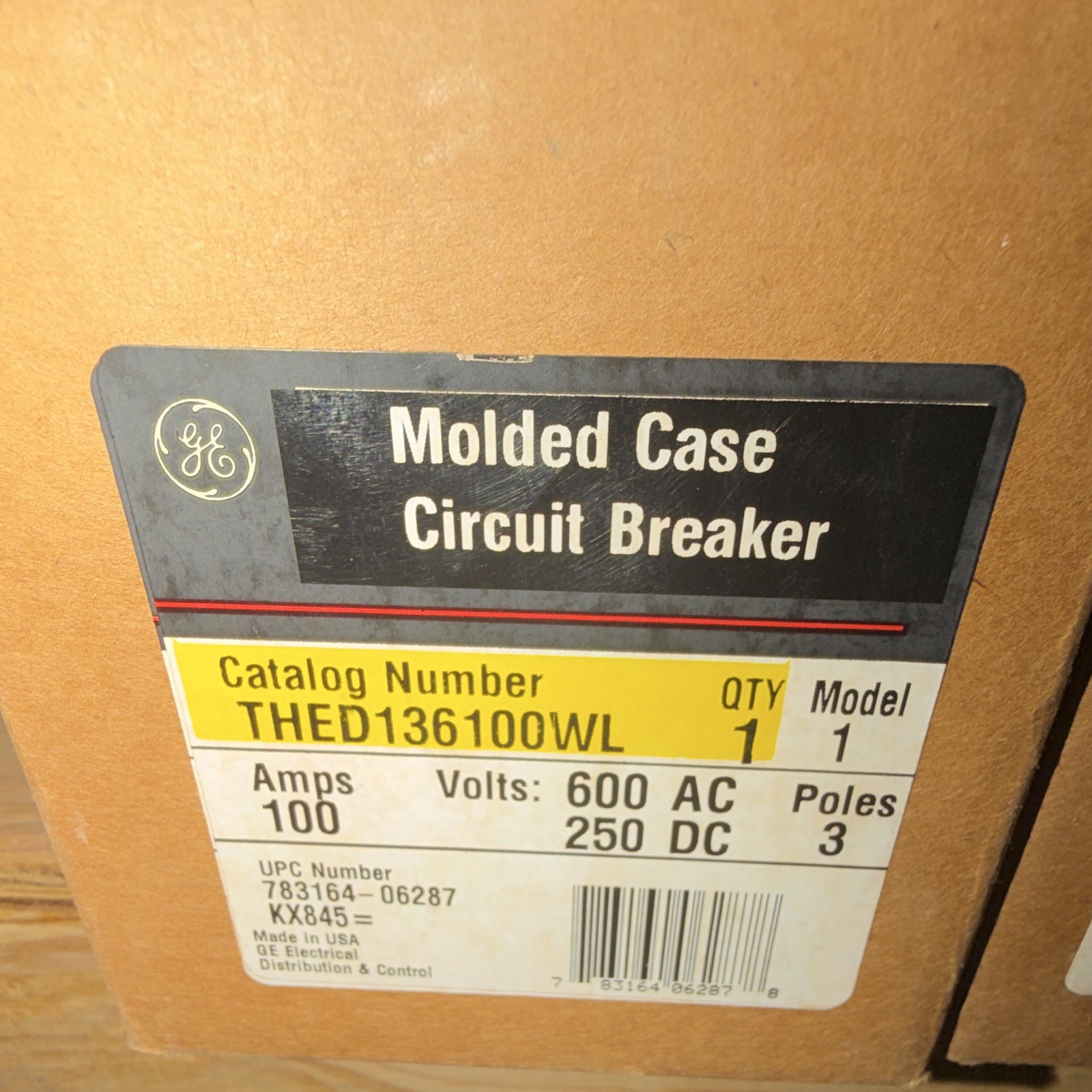 GE Molded Case Circuit Breaker THED136100WL 100A 600VAC/250VDC 3-Pole