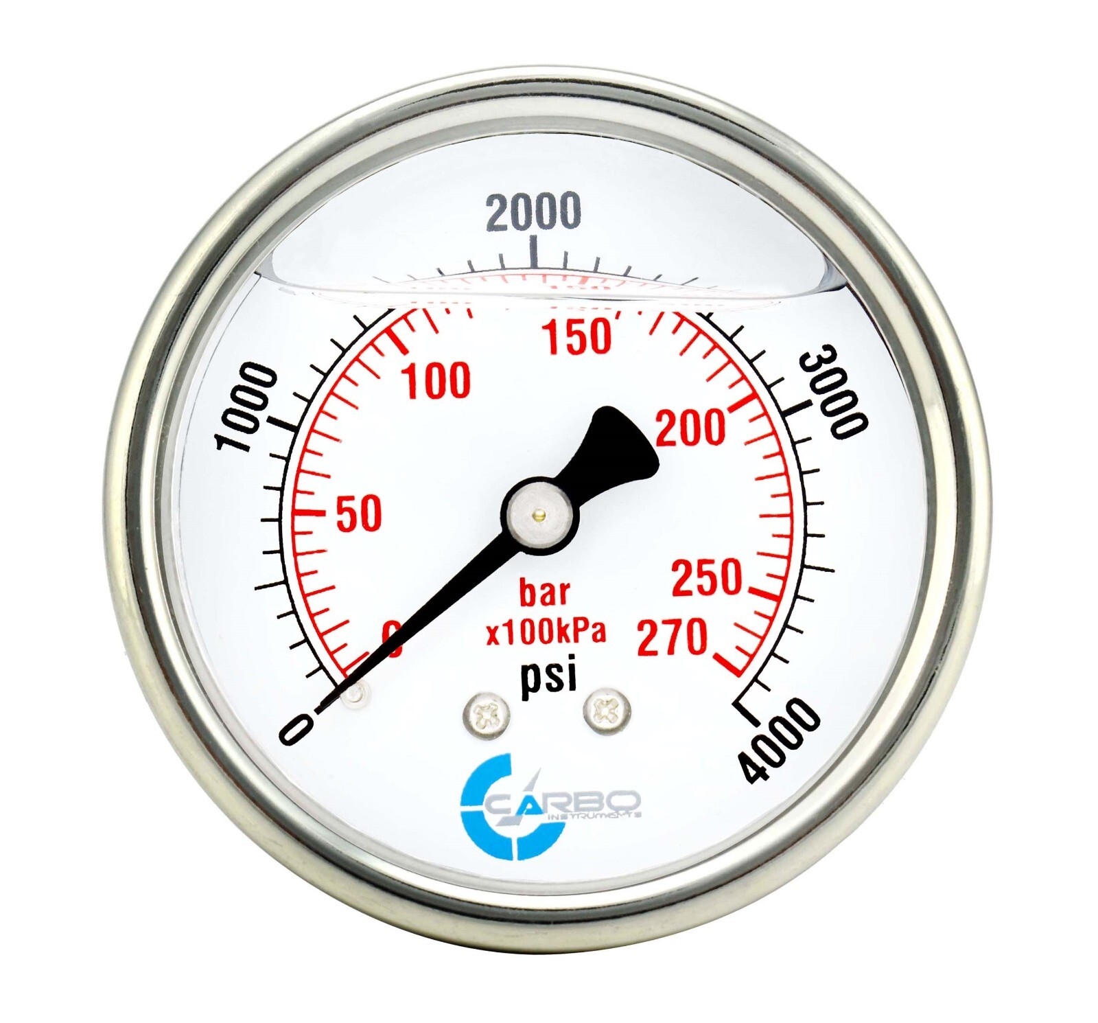 2.5″ LIQUID FILLED PRESSURE GAUGE 0 – 4000 PSI, STAINLESS STEEL CASE BACK MOUNT