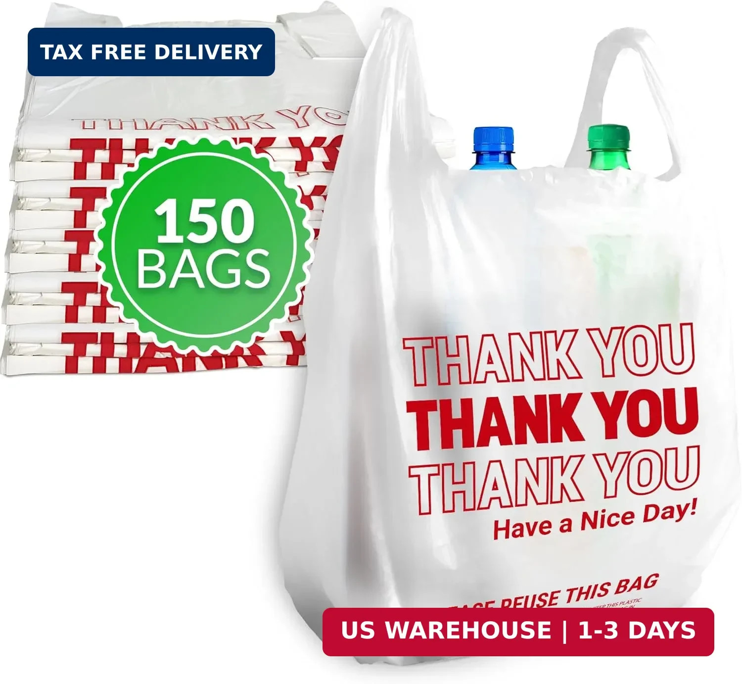 Reli. Thank You Plastic Bags | 150 Pack | (11.5″ x 6.5″ x 21″), White | Plastic