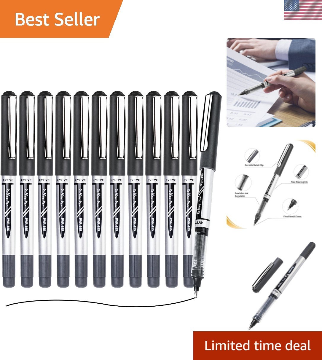 Black Rollerball Pens 12 Pack, 0.7mm Medium Point Roller Ball Pen Quick Dry, …