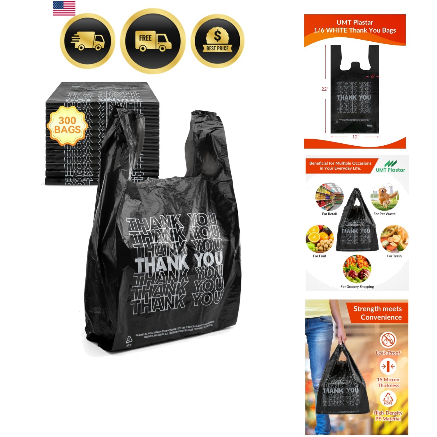 300 Count Thank You Bags, 12 x 6 x 22 in, 15 Mic Black Grocery Bags