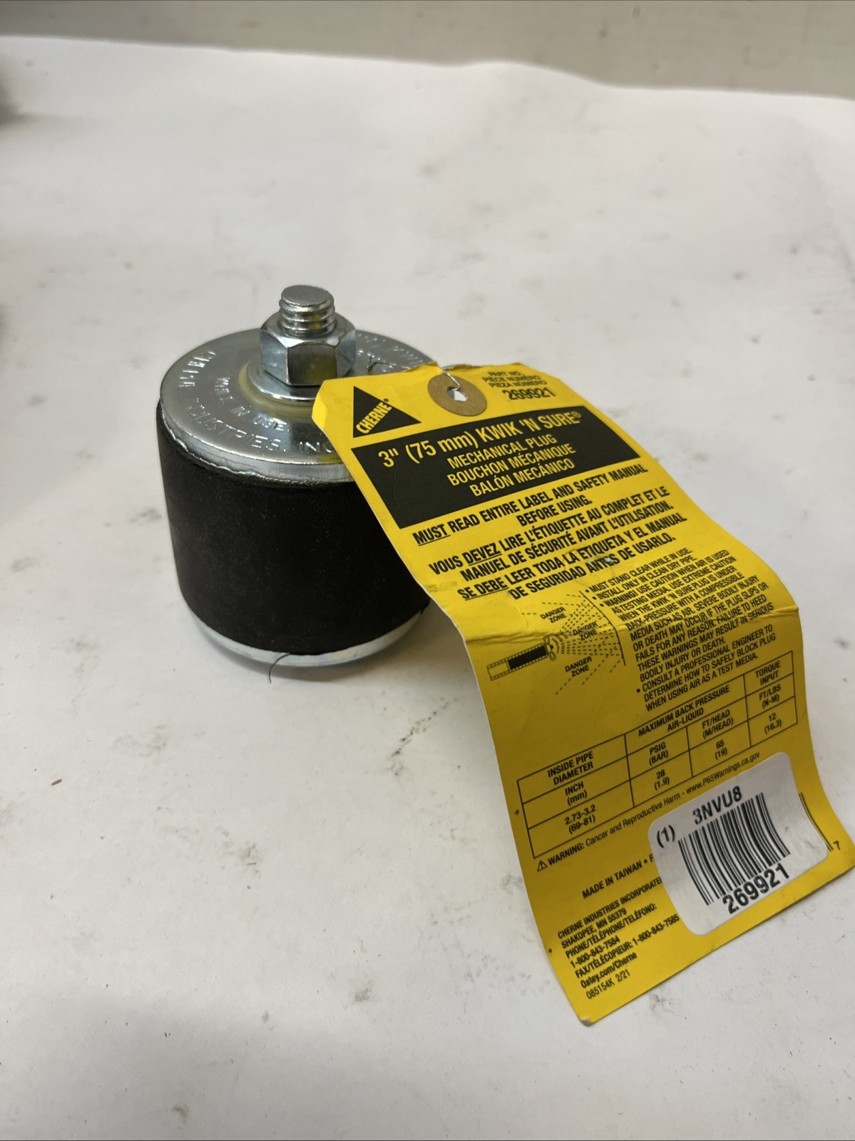 CHERNE 269921 Mechanical Pipe Plug For 3″ Pipe,Hex Nut,3.12″H, 3NVU8