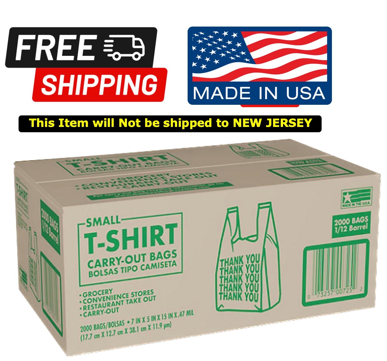Small T-Shirt Carry-Out Bags Thank You Shopping Bags 7″ x 5″ x 15″ (2,000 ct.)