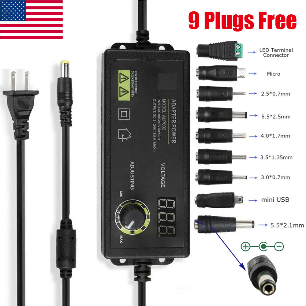 60W Adjustable Voltage 3 to 24V AC/DC Switch Power Supply Adapter 9 Plugs LED