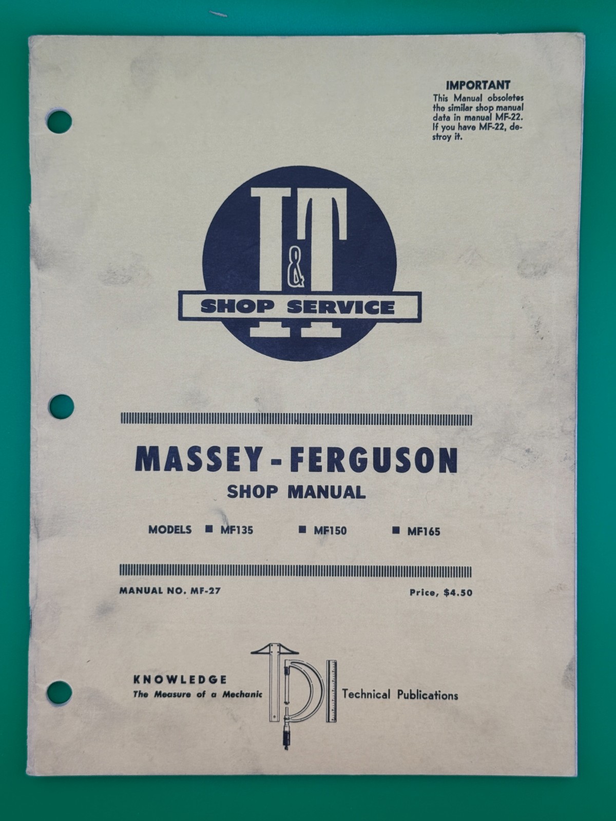 I&T Massey Ferguson MF135 MF150 MF165 Shop Service Manual MF-27 OEM Repair