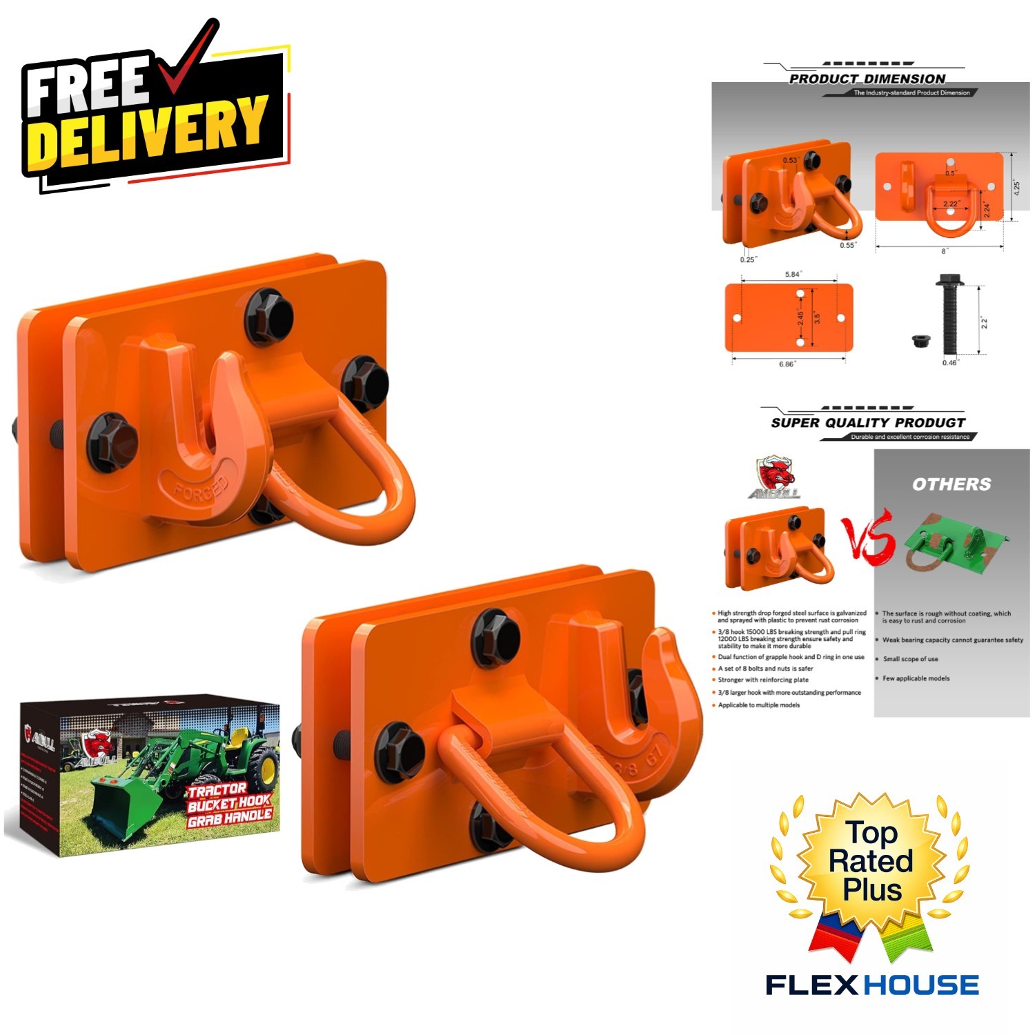 Forged Steel Bolt-On Tractor Bucket Hooks with Backer Plate – Orange, 2 Pack