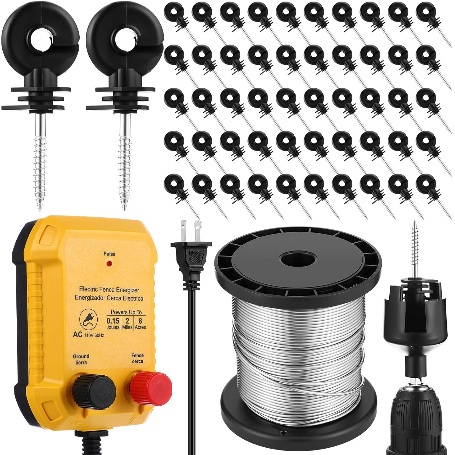 Electric Fence Kit 2 Mile 110V Plug In Animal Predator Barrier 250Ft Wire