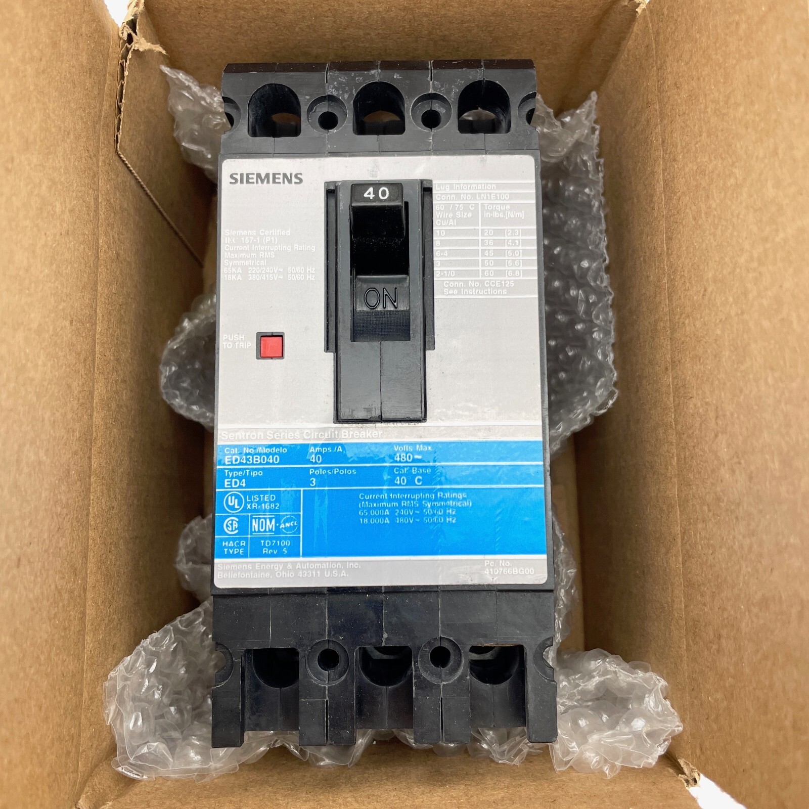 Siemens Sentron ED43B040 Molded Case Circuit Breaker ~ 40 Amp, 480V Ac, 3 Pole