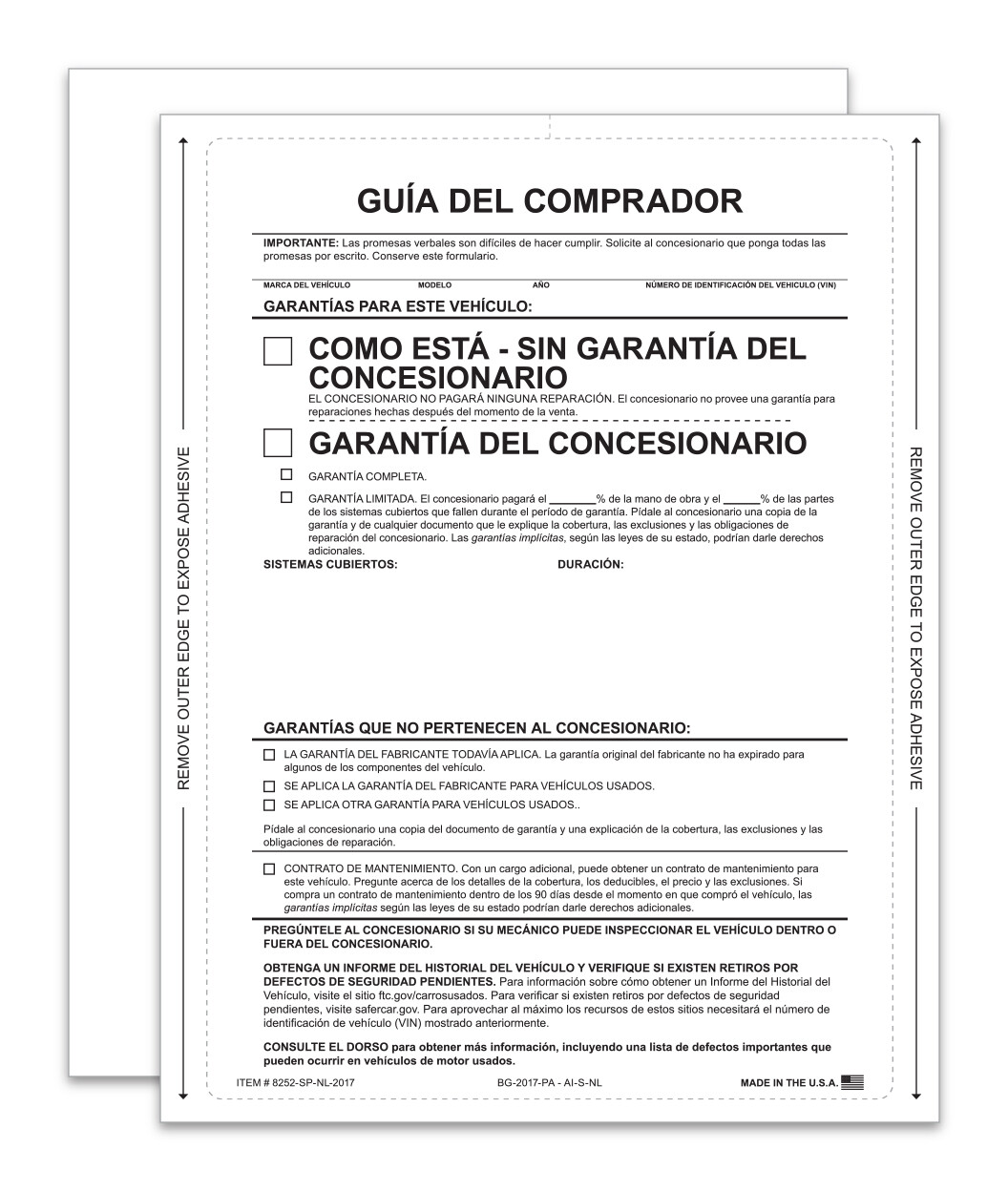 1 PART SELF ADHESIVE BUYERS GUIDES AS IS WARRANTY SPANISH 100 PACK NO LINES