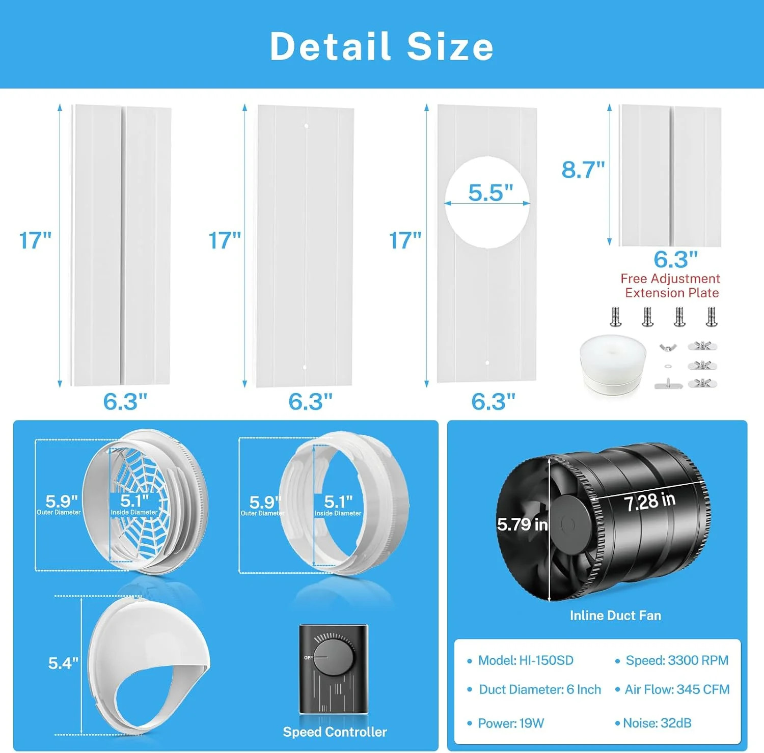 Portable AC Window Vent Kit with 6 Inch 345 CFM Inline Fan & Universal Coupler,
