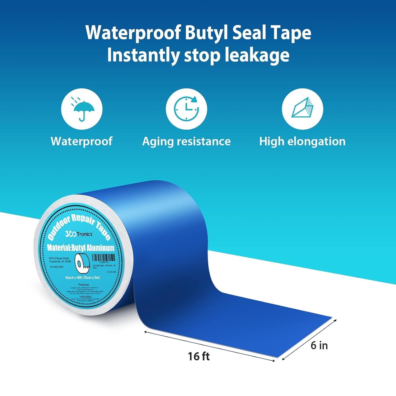 Super Waterproof Tape, Aluminum Butyl Rubber Tape 6″ x 16 ft, RV, Roof, Metal