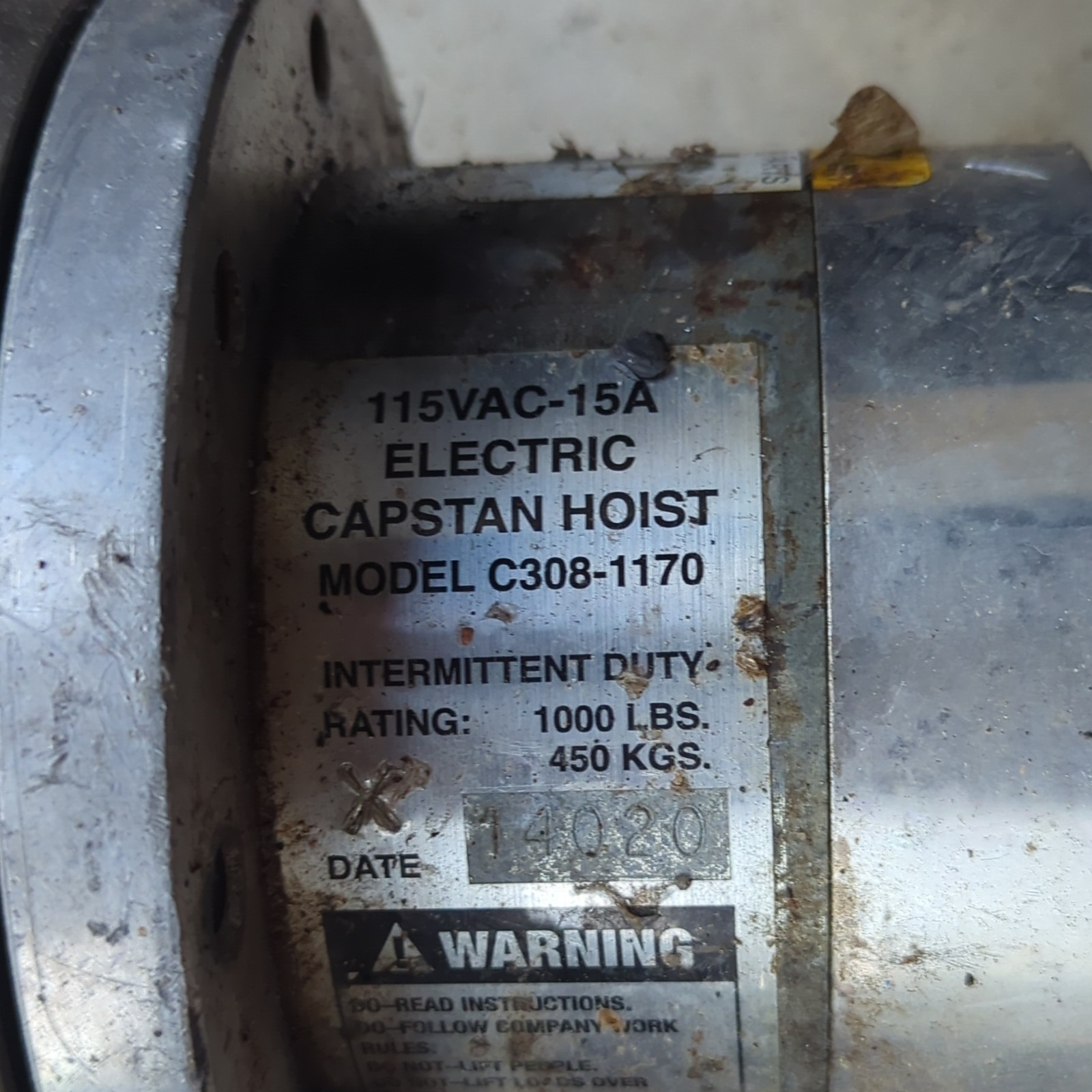 Electric Capstan Hoist 115VAC 15A Model C308-1170 1000 lbs 450 kgs