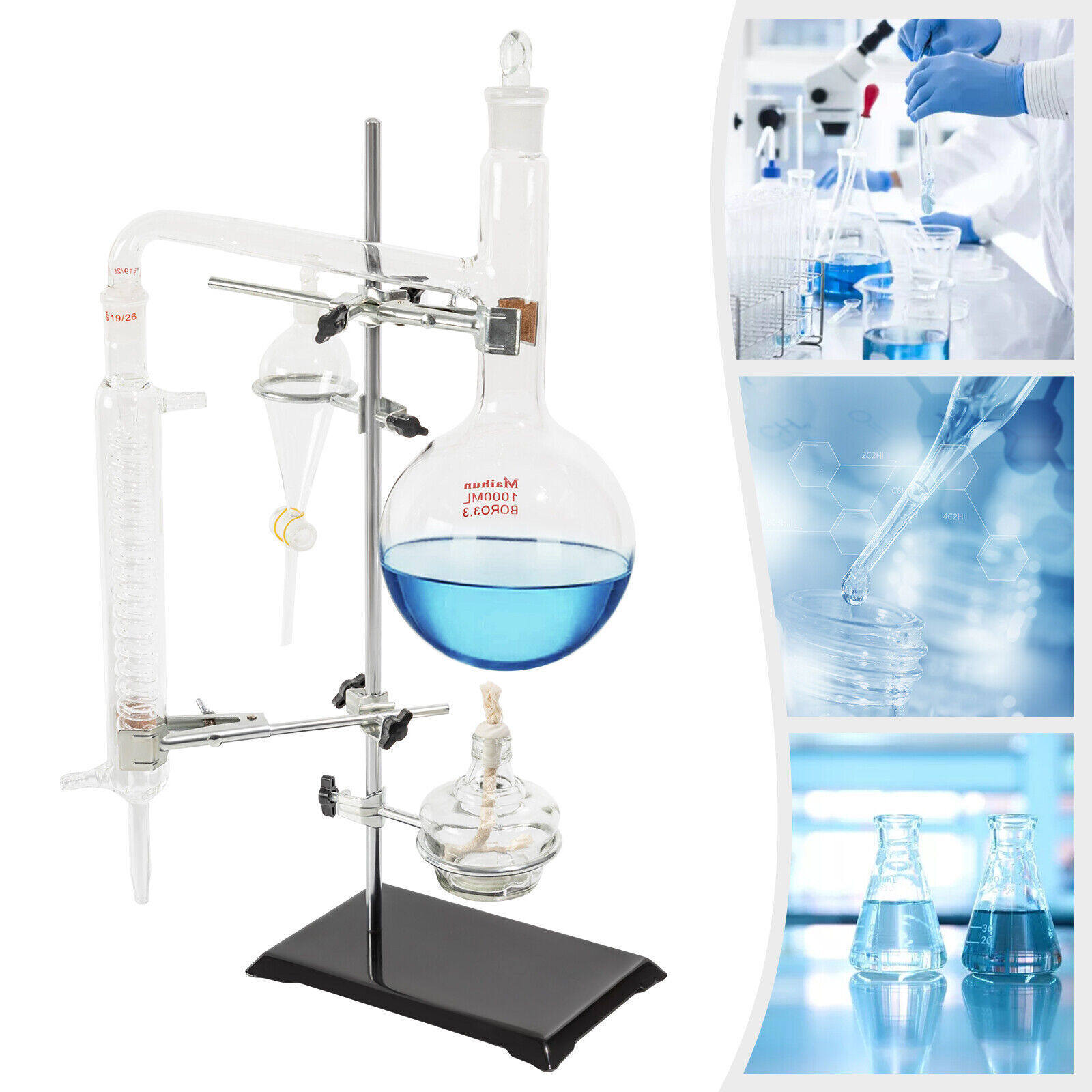 1000ml Distillation Apparatus Kit Chemistry Lab Essential Oil Distilling Glass